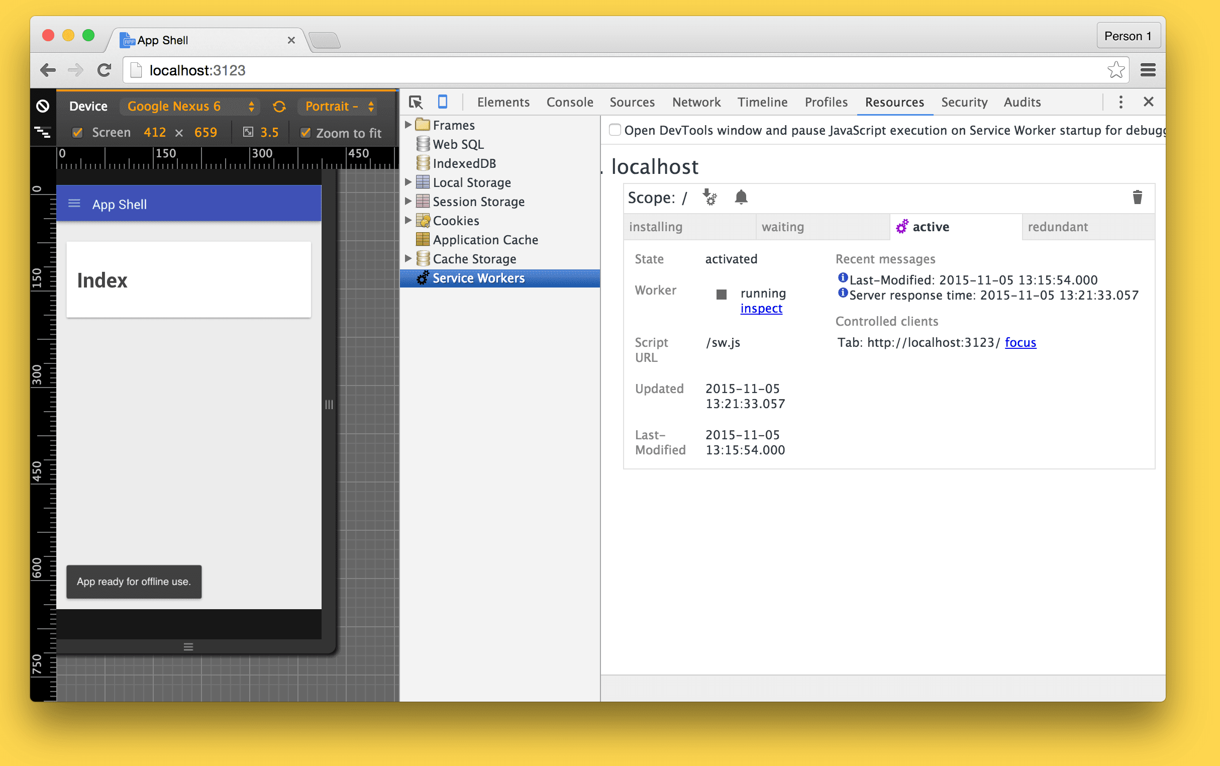 Immagine del worker di servizio in esecuzione in DevTools per il shell dell'applicazione