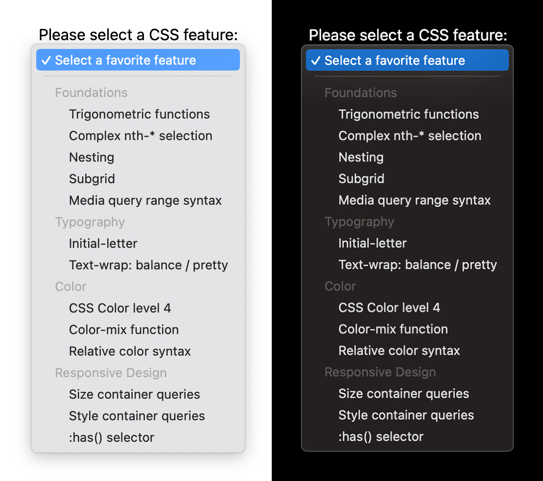 ภาพหน้าจอของ hr ใน select ที่มีธีมสว่างและมืดใน Chrome
