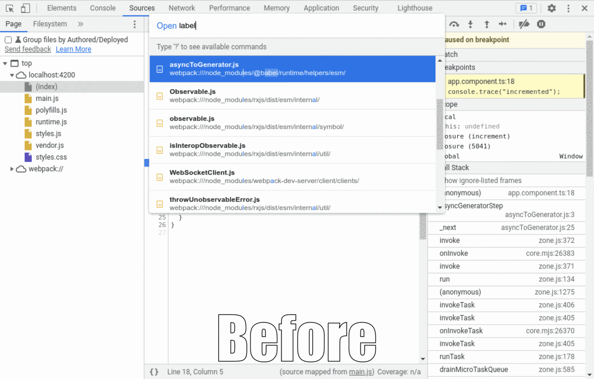 GIF animado que muestra DevTools antes y después. Observa cómo, en la imagen posterior, DevTools muestra el código creado por el autor en el árbol, ya no sugiere ninguno de los archivos del framework en el menú "Abrir rápidamente" y muestra un seguimiento de pila mucho más limpio a la derecha.