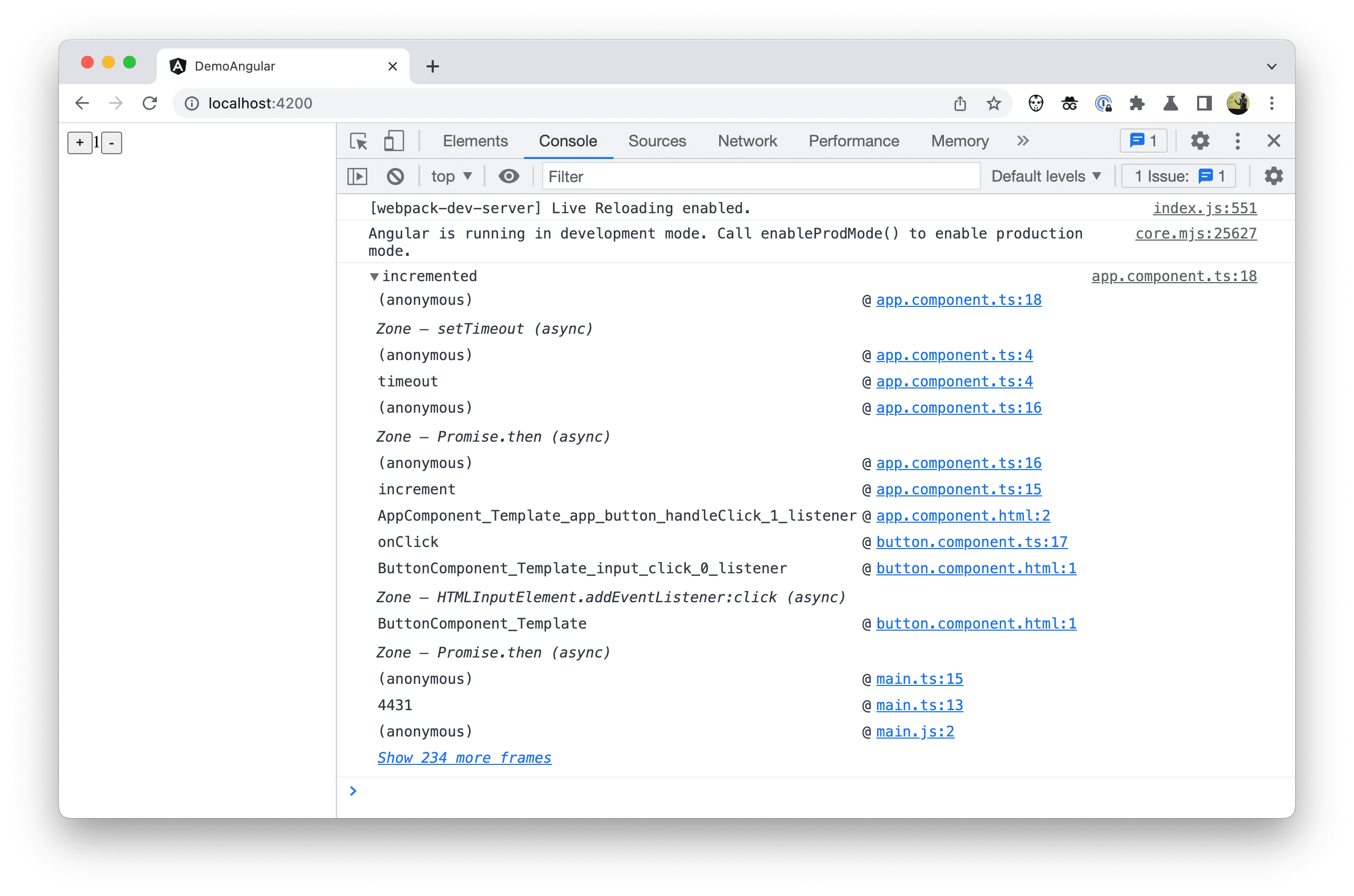 Capture d'écran d'une trace de pile dans DevTools.
