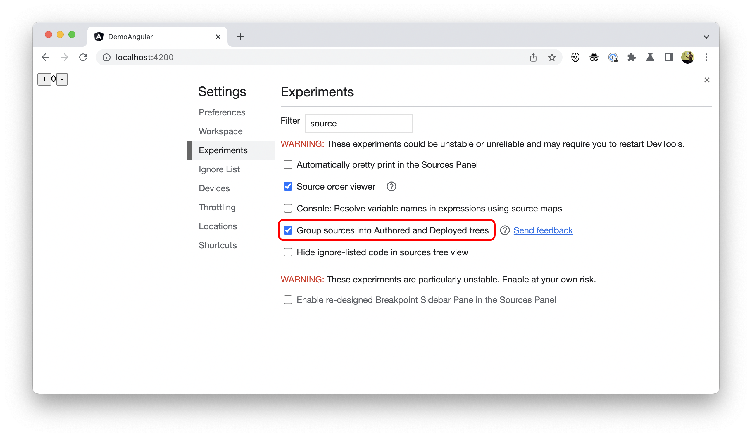 Capture d'écran des paramètres de DevTools.