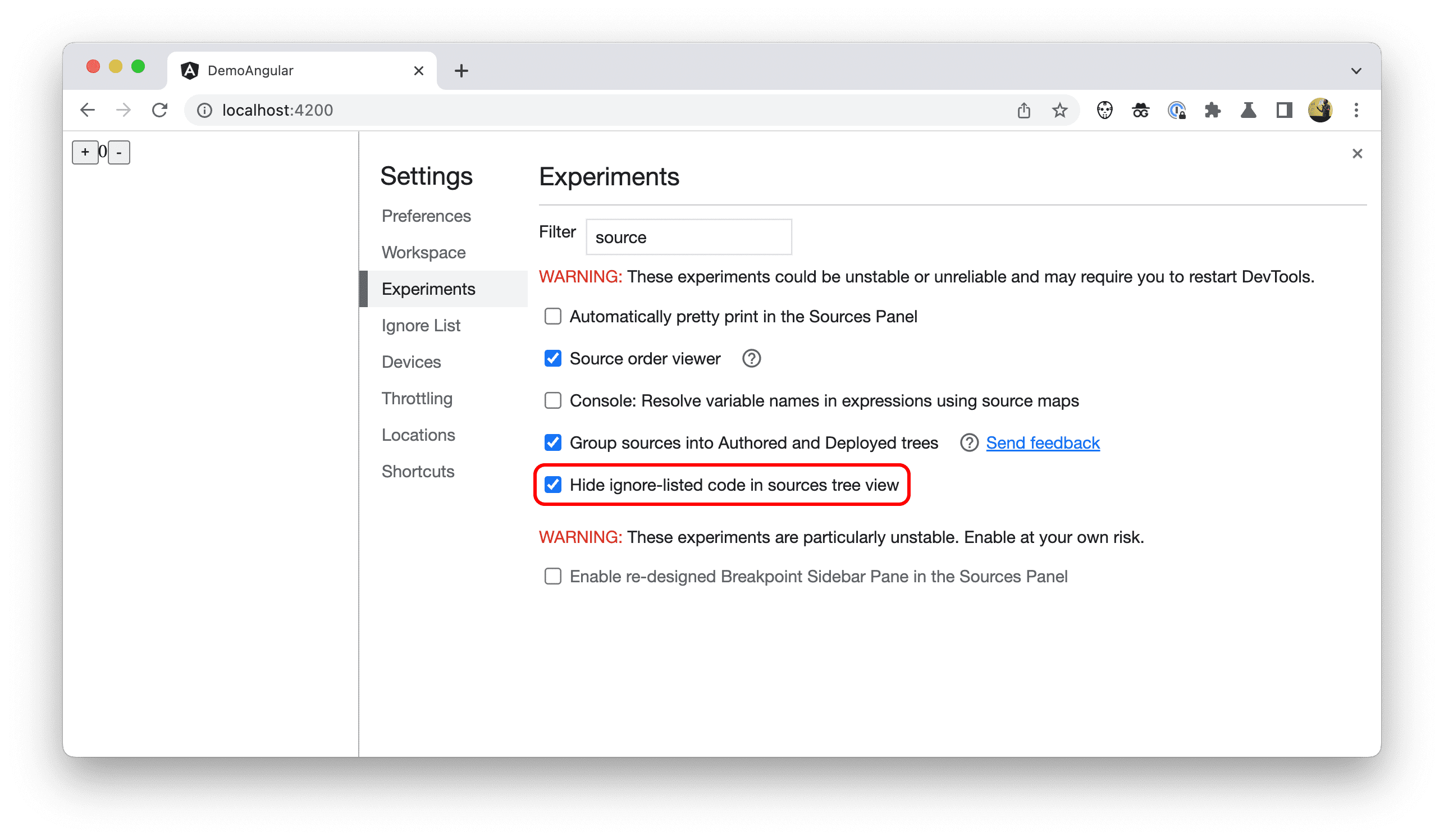 Capture d'écran des paramètres de DevTools.