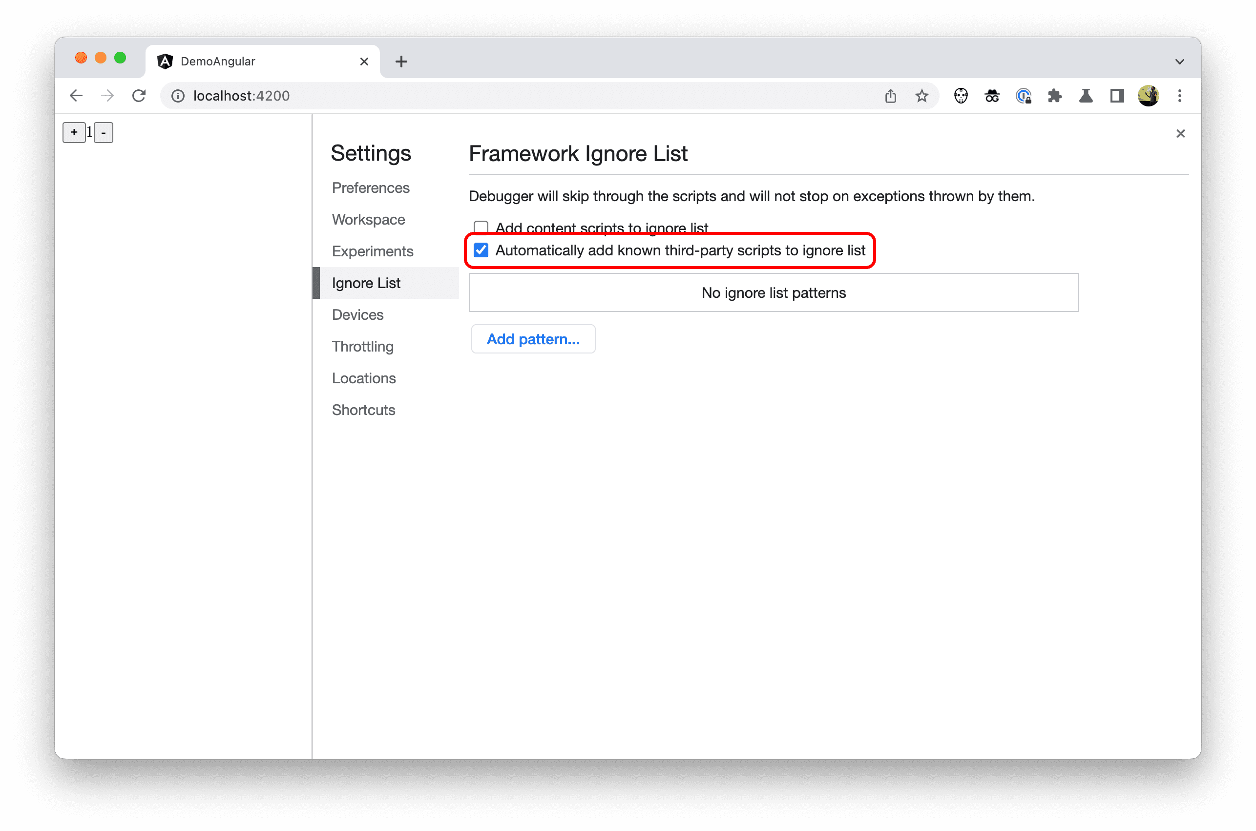 Capture d'écran des paramètres de DevTools.