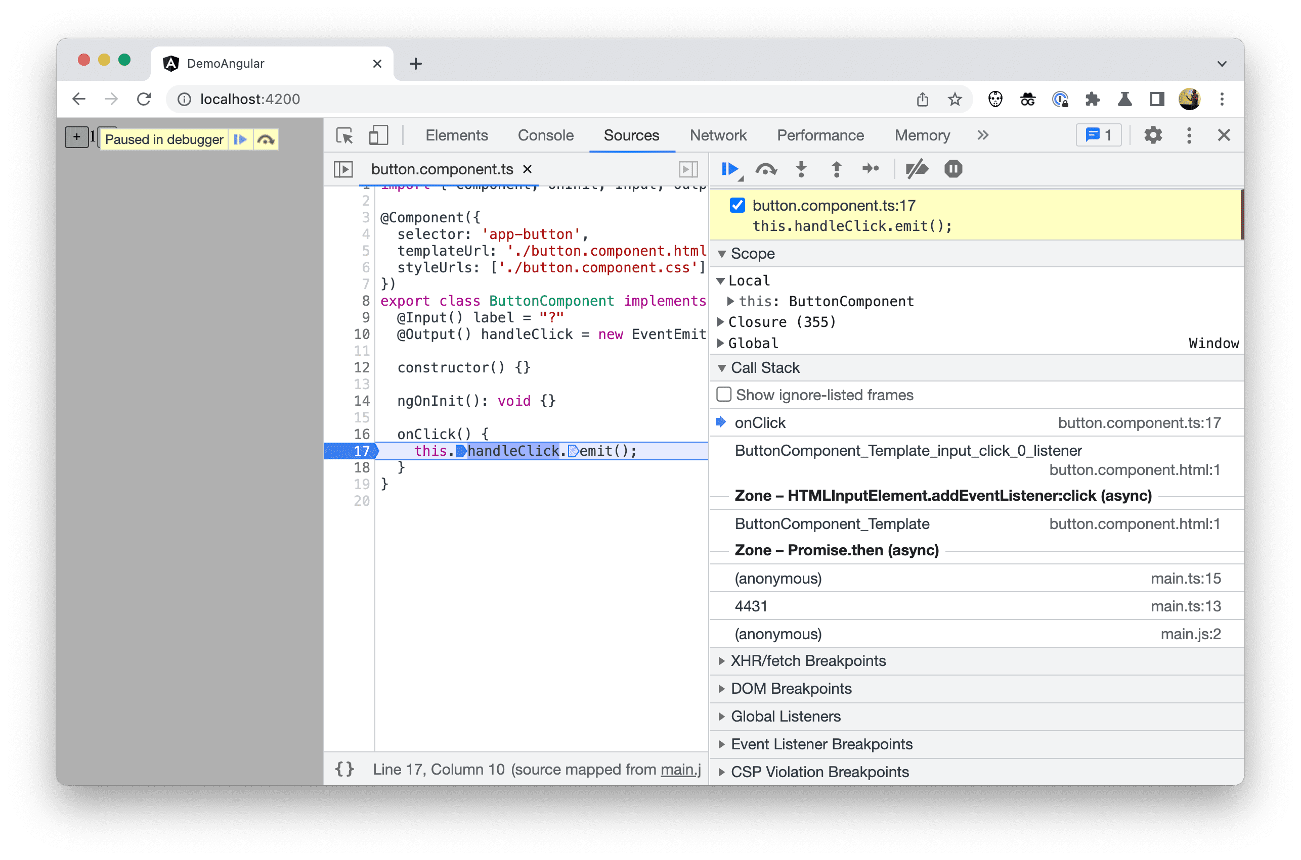 Capture d'écran du débogueur des sources DevTools lors du débogage.