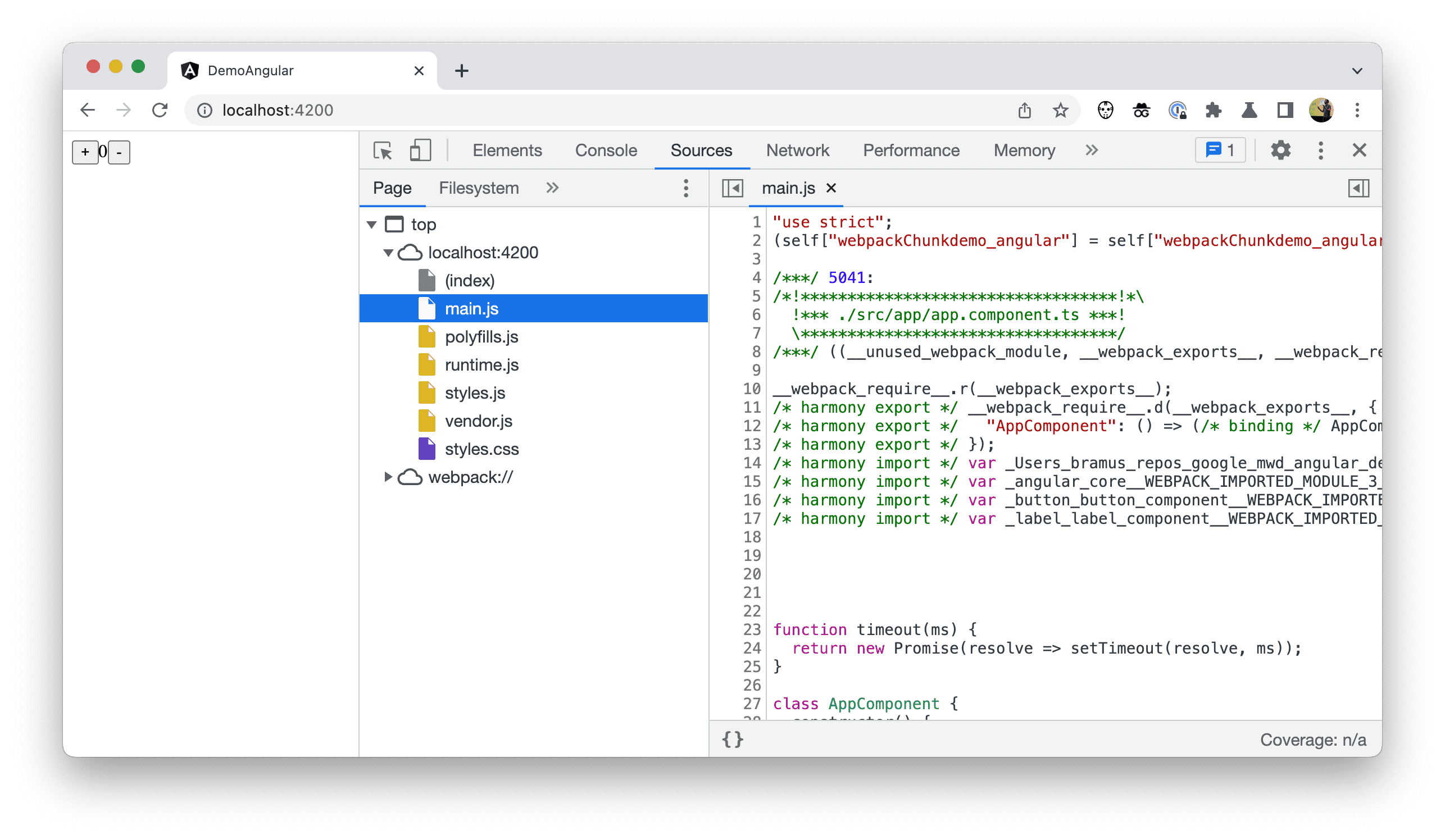 Capture d'écran de l'arborescence des fichiers dans Chrome DevTools montrant le code déployé.