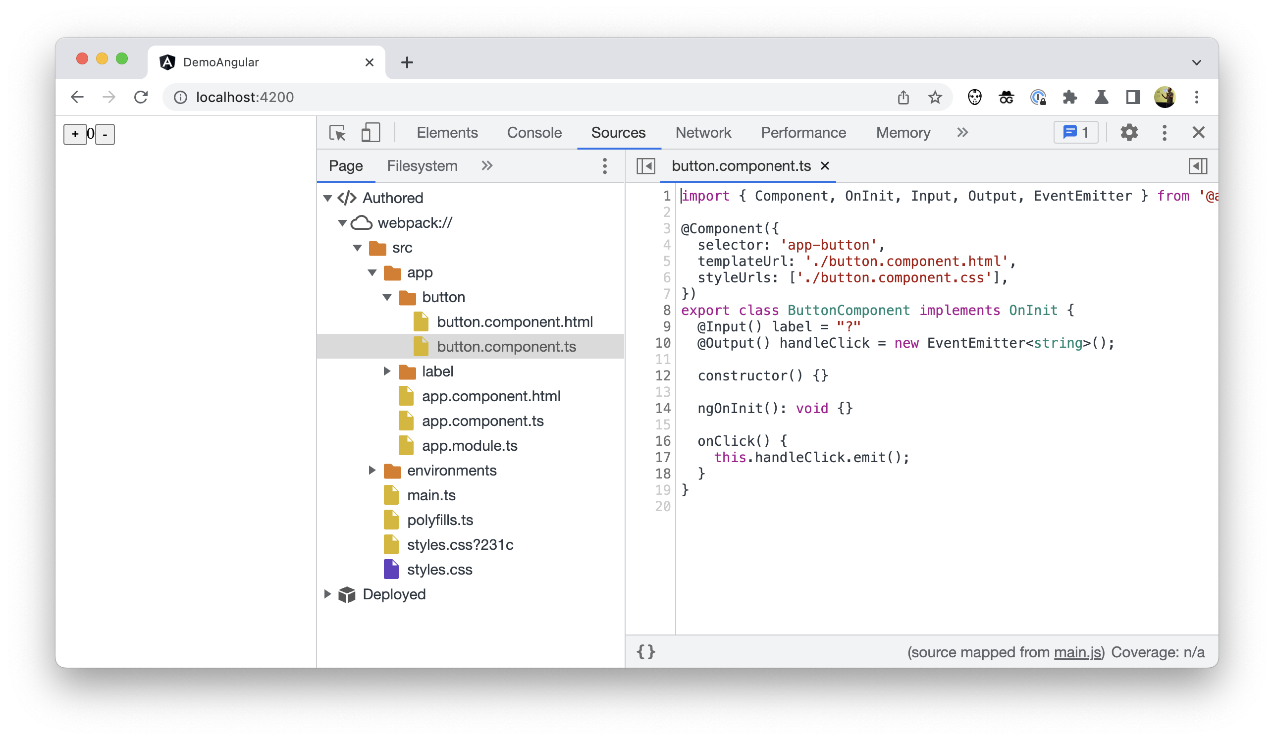 Capture d'écran de l'arborescence des fichiers dans Chrome DevTools affichant le code créé, mais pas node_modules.