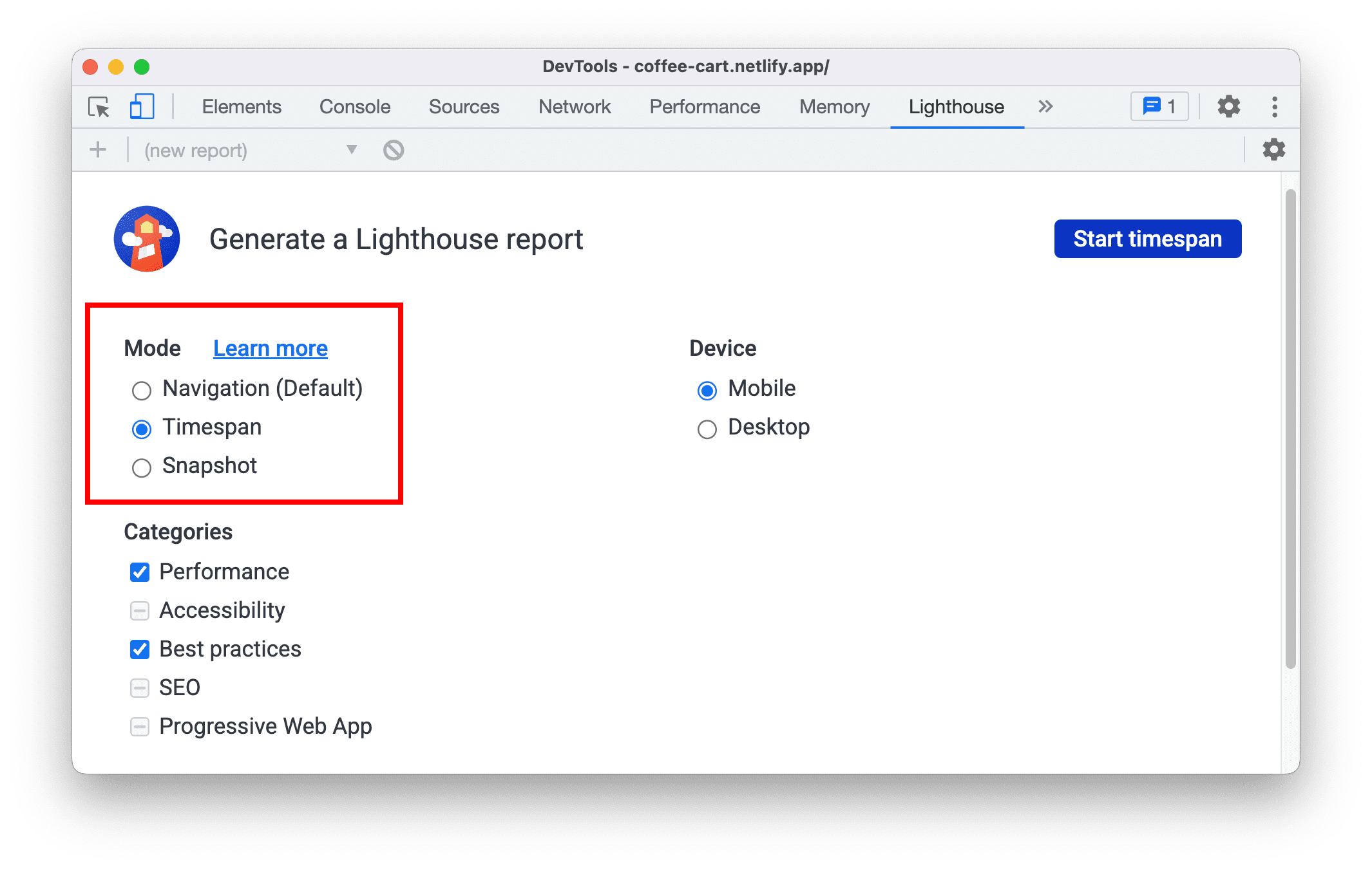 Nuova modalità Periodo di tempo e Snapshot nel riquadro Lighthouse