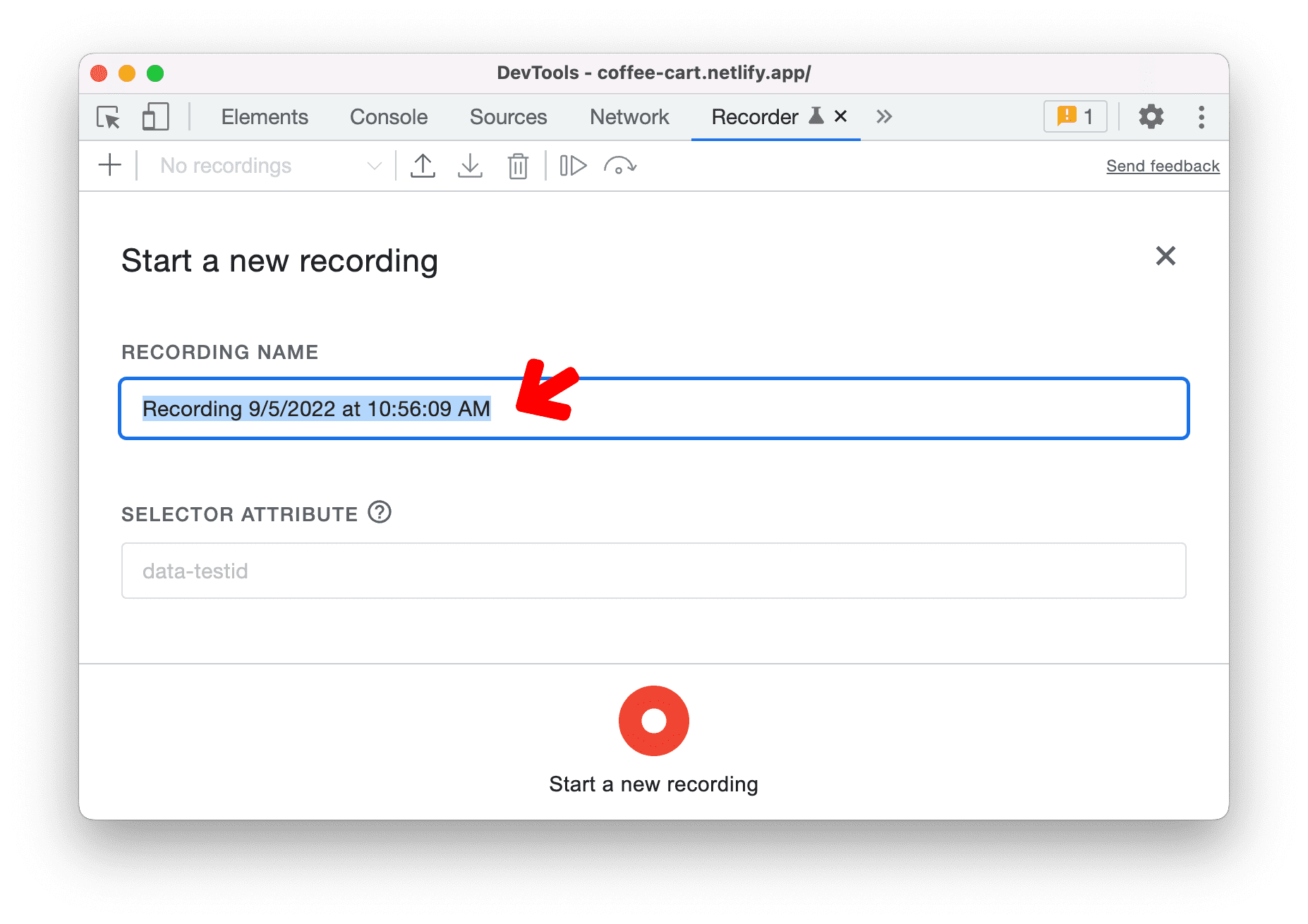 Recorder पैनल में रिकॉर्डिंग के लिए डिफ़ॉल्ट नाम