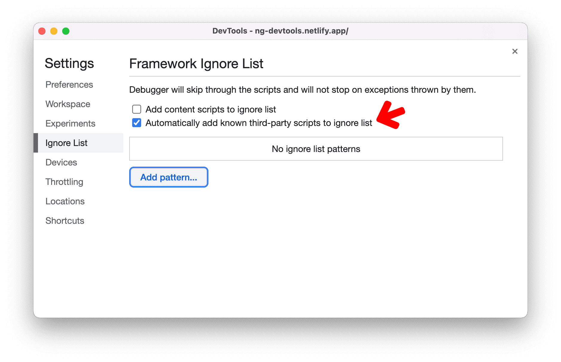 Instelling om bekende scripts van derden automatisch toe te voegen aan de negeerlijst.