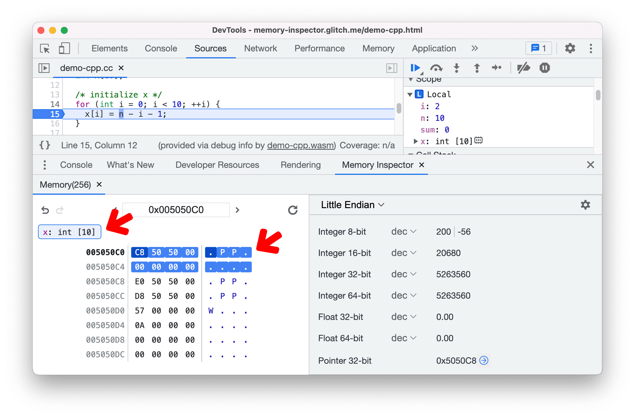 اشیاء C/C++ را در Memory Inspector هایلایت کنید.