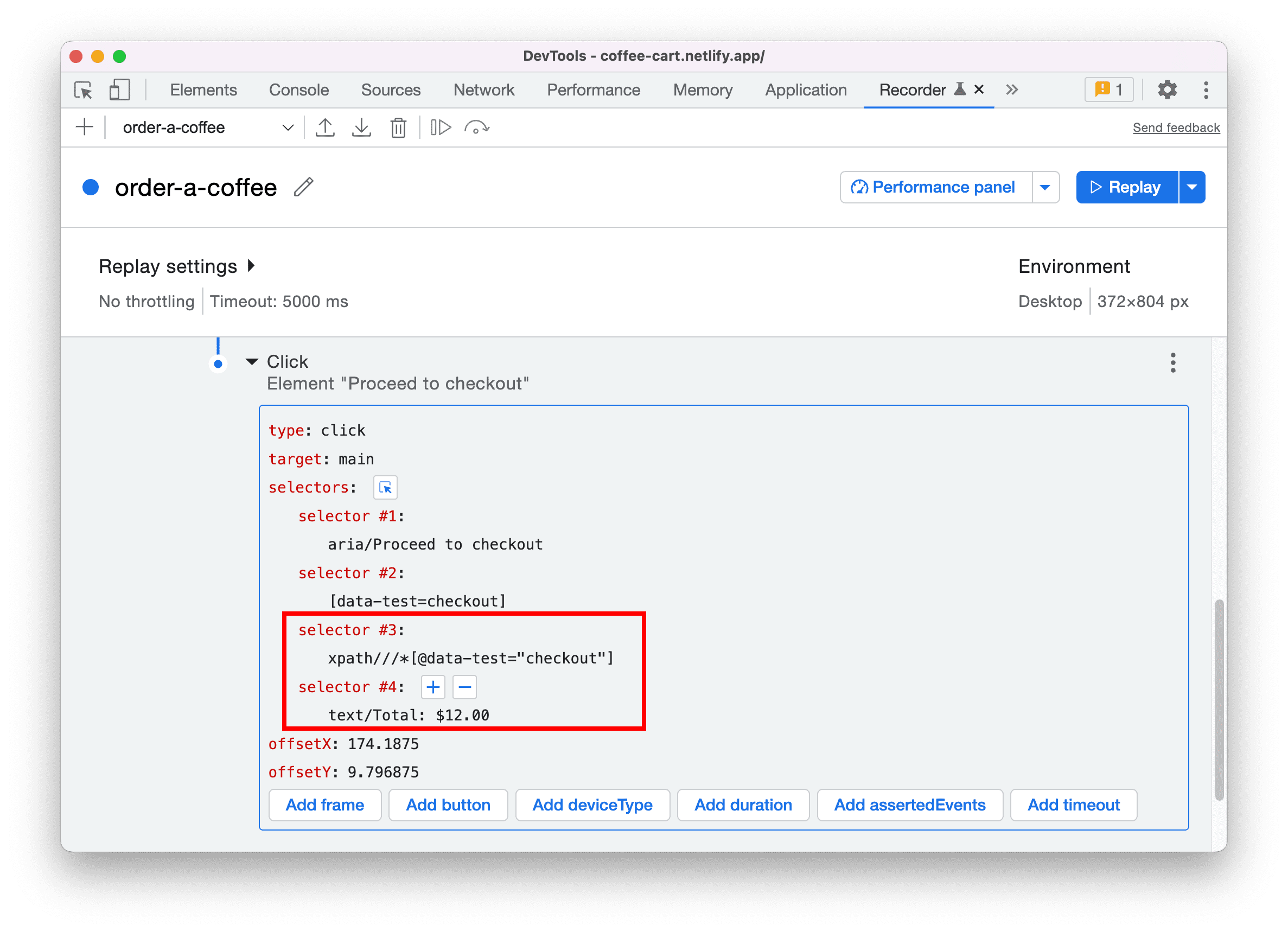 סלקטורים של XPath וטקסט בחלונית Recorder.