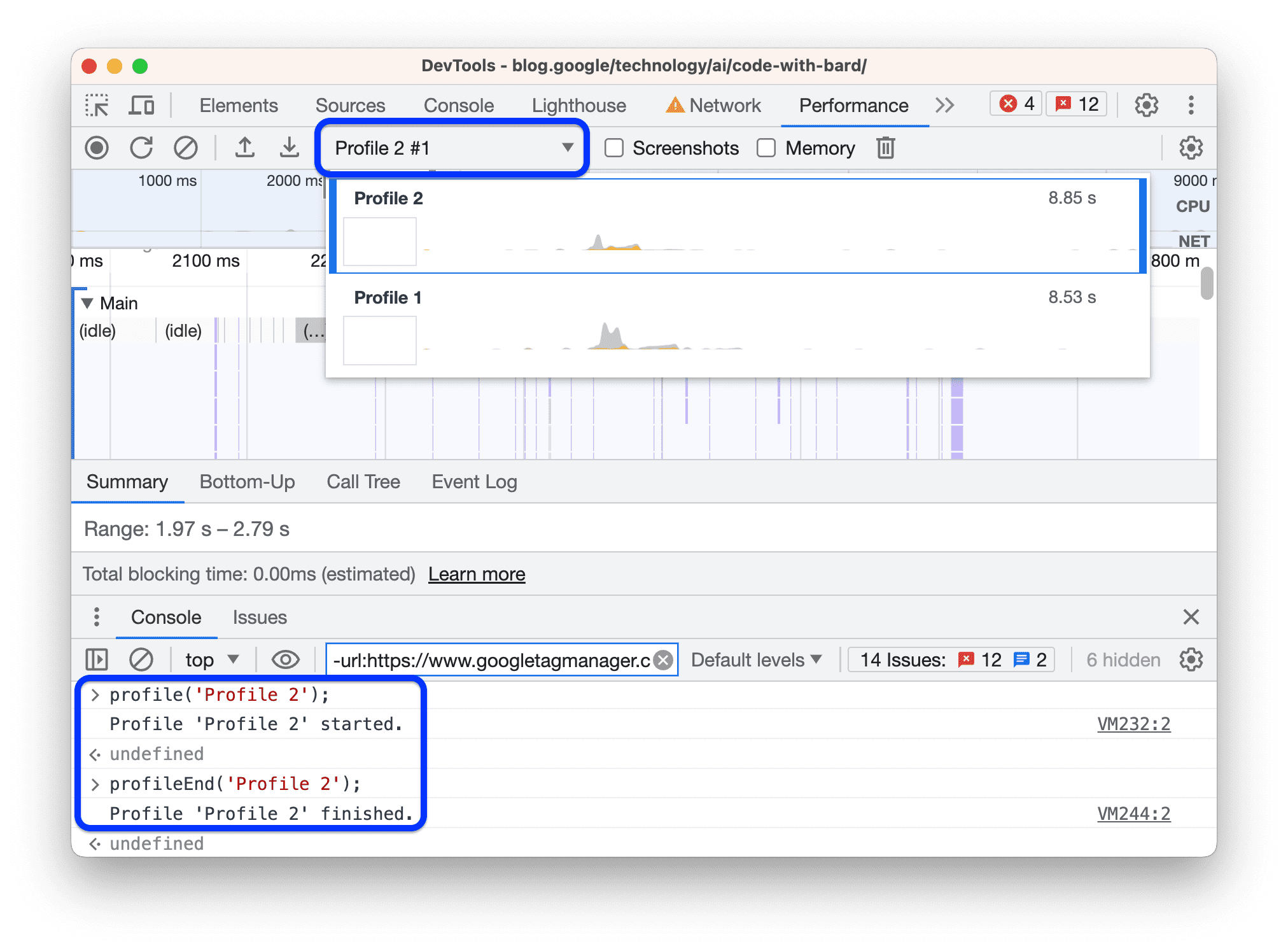 Met de opdracht `console()` wordt een profiel aangemaakt in het paneel Prestaties.
