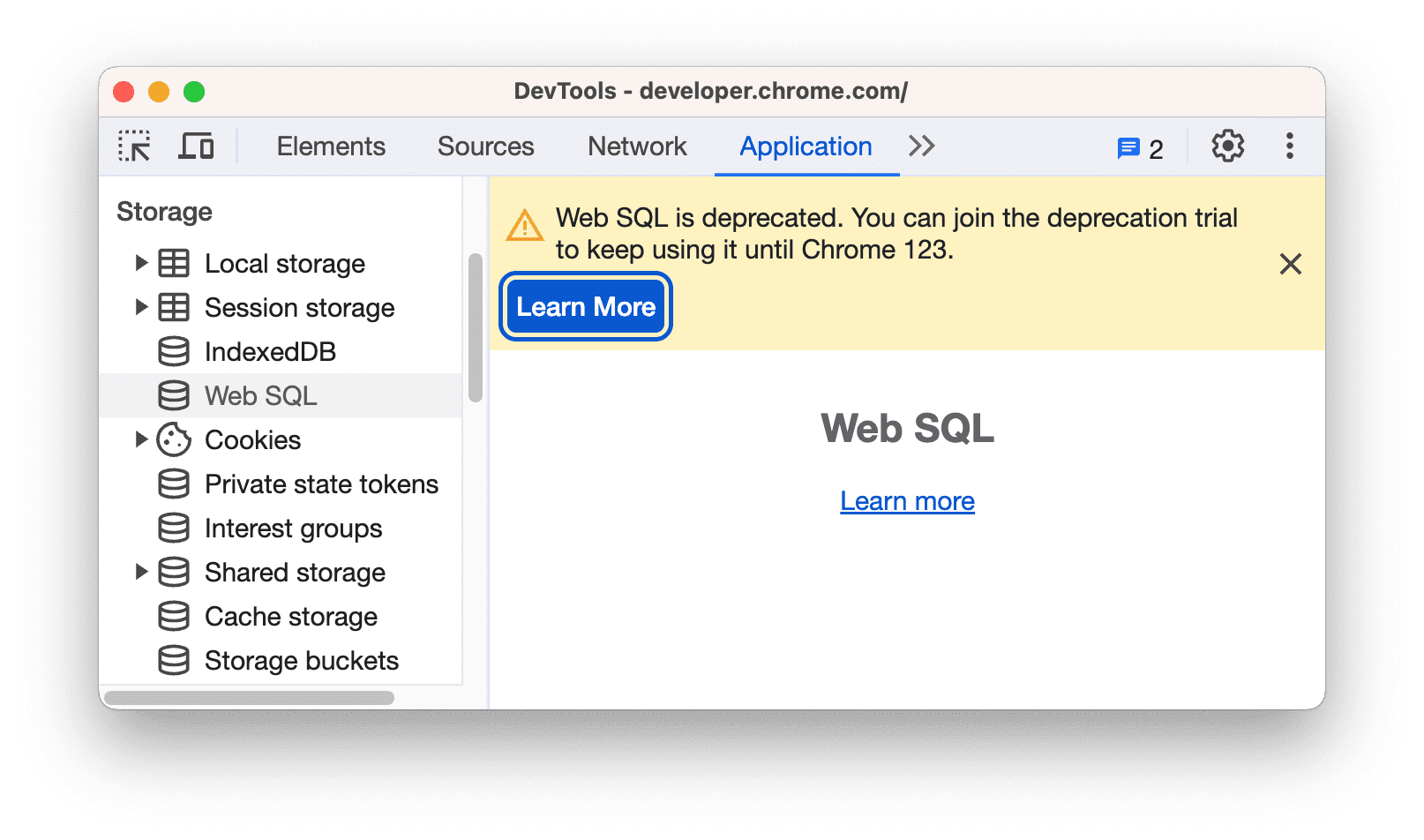 Web SQL के बंद होने की चेतावनी.