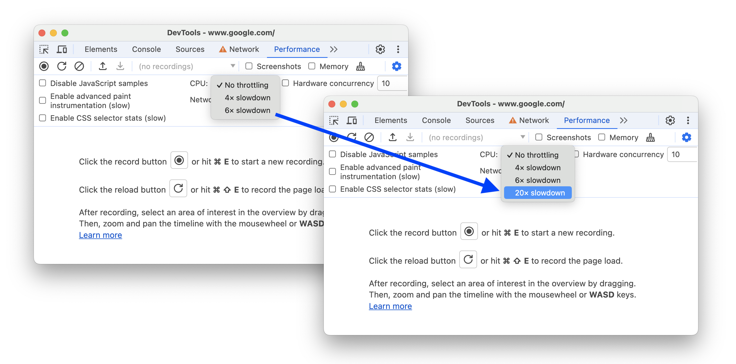 Antes e depois de adicionar a opção "Redução de velocidade 20x" às "Configurações de captura".
