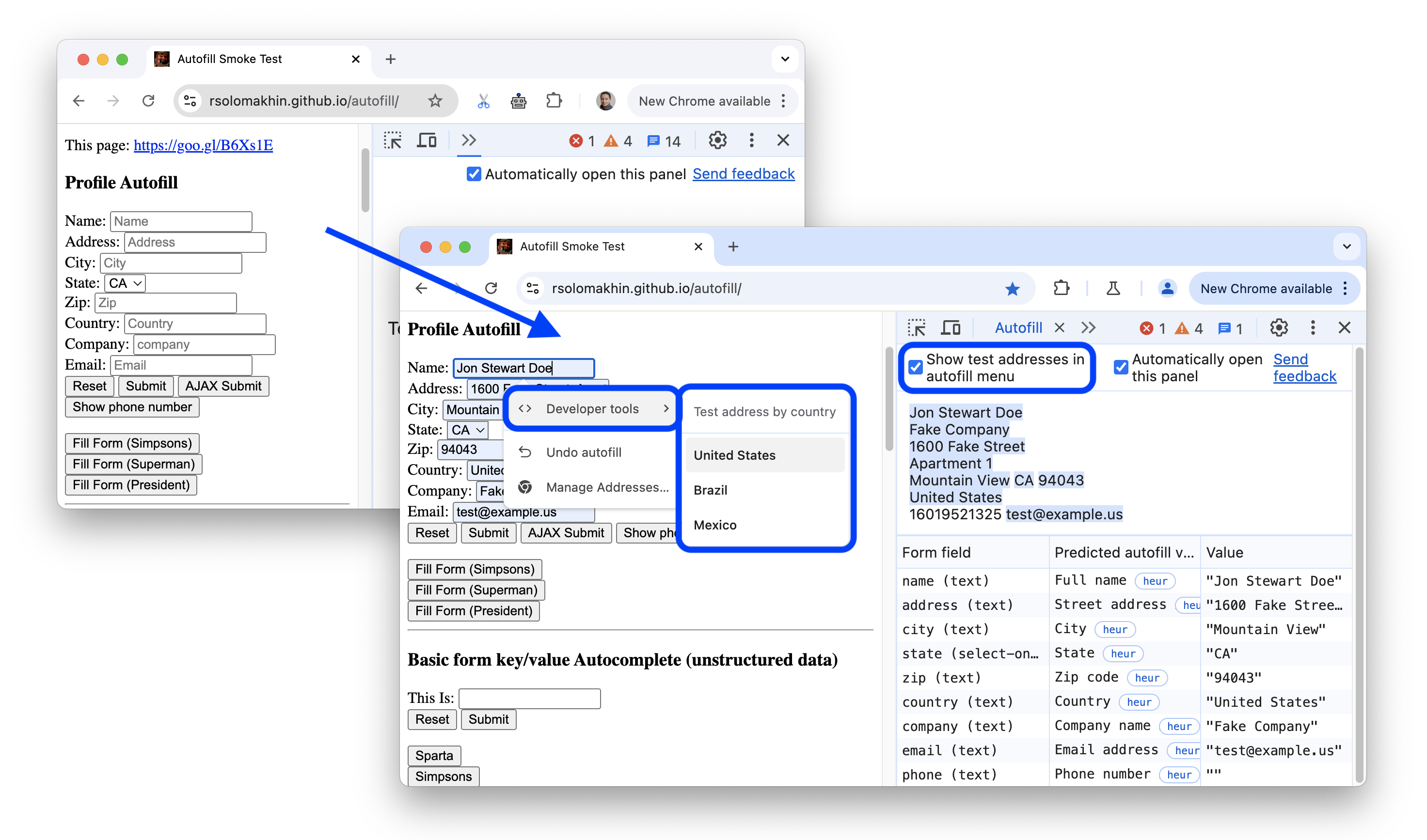 Opsi sebelum dan setelah menambahkan data uji coba Isi Otomatis ke menu drop-down kolom formulir alamat.
