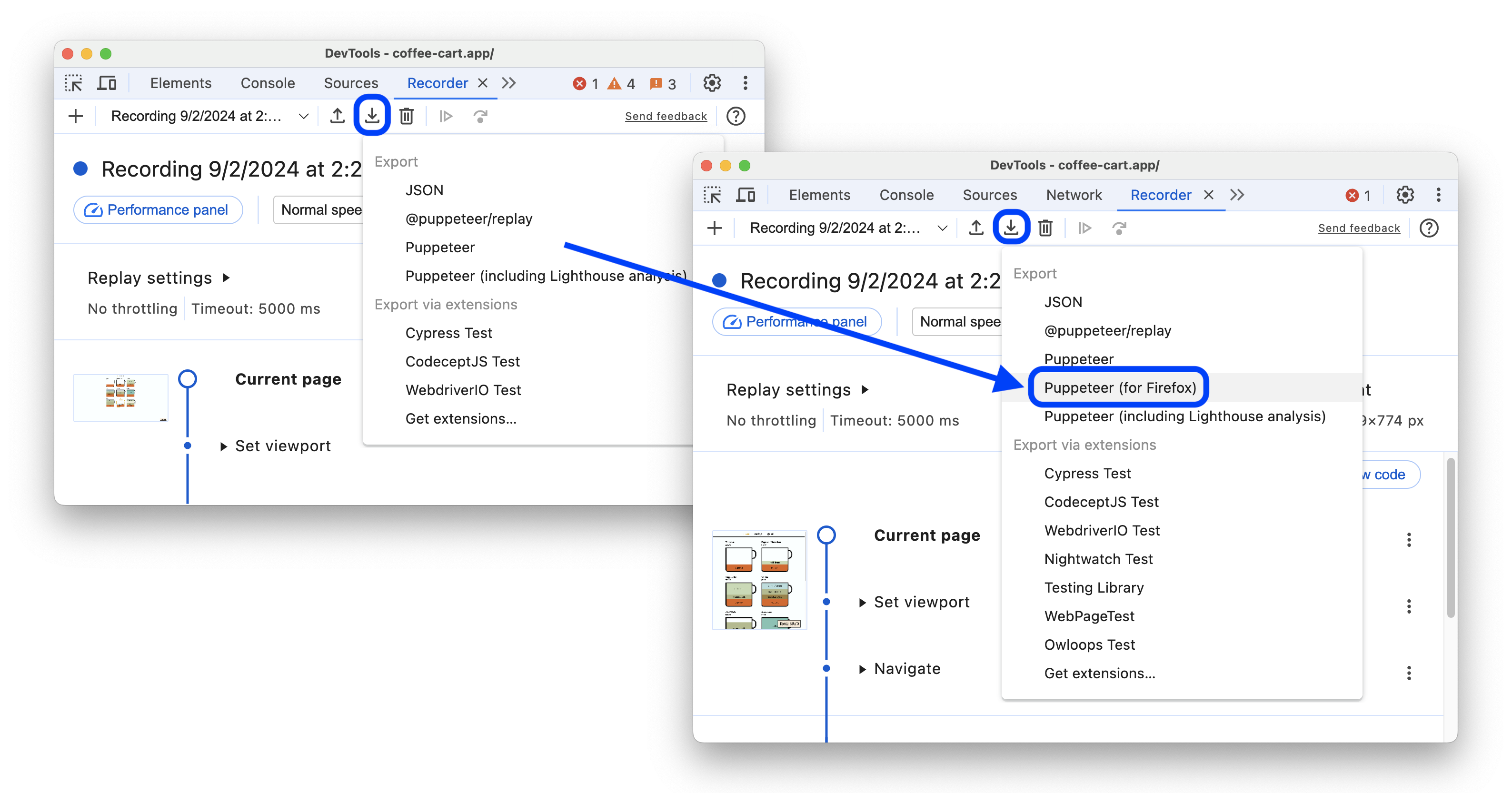Sebelum dan setelah menambahkan opsi 'Puppeteer for Firefox' ke menu ekspor Perekam.