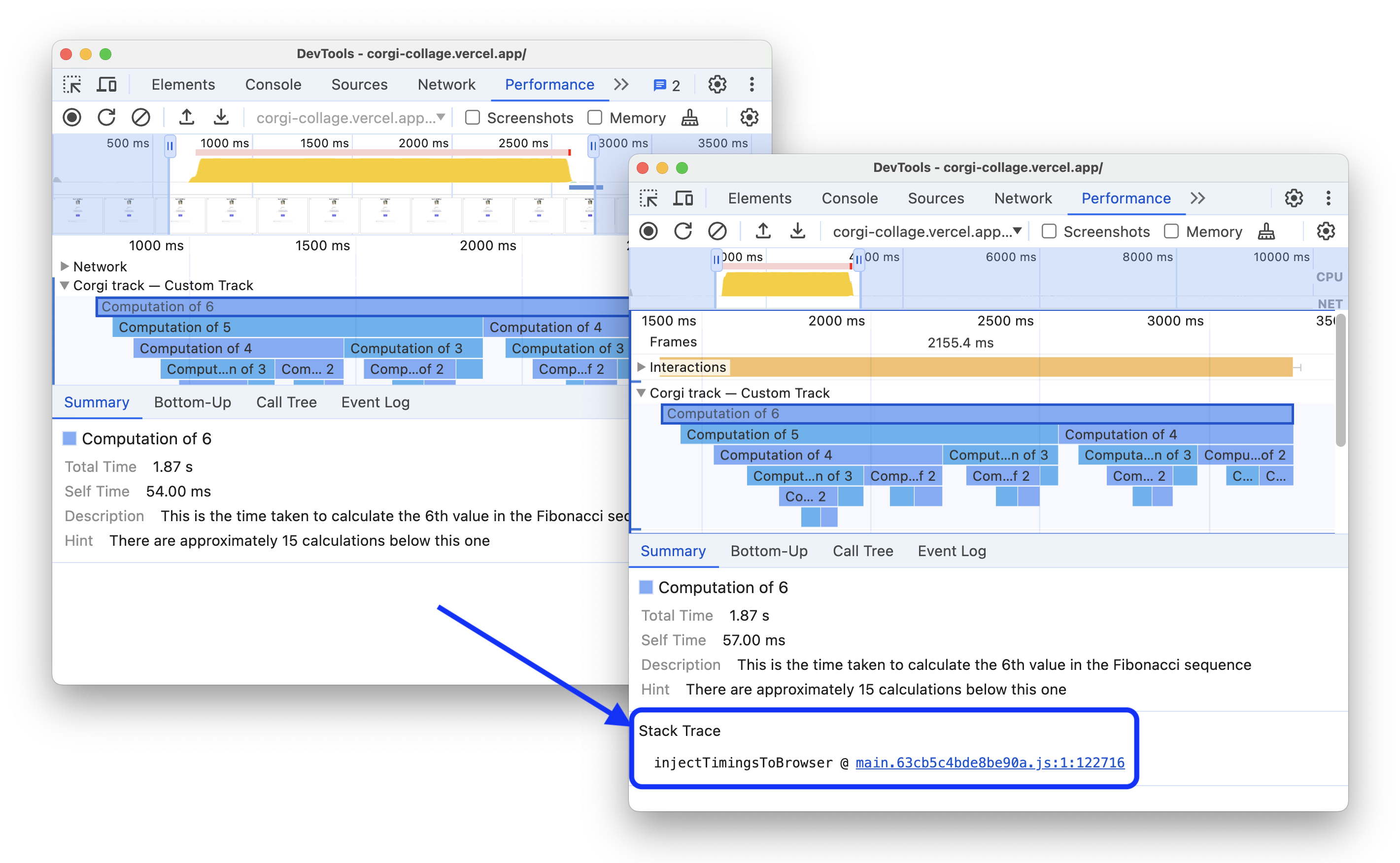 Sebelum dan sesudah menampilkan stack trace untuk panggilan performance.mark dan performance. measure.