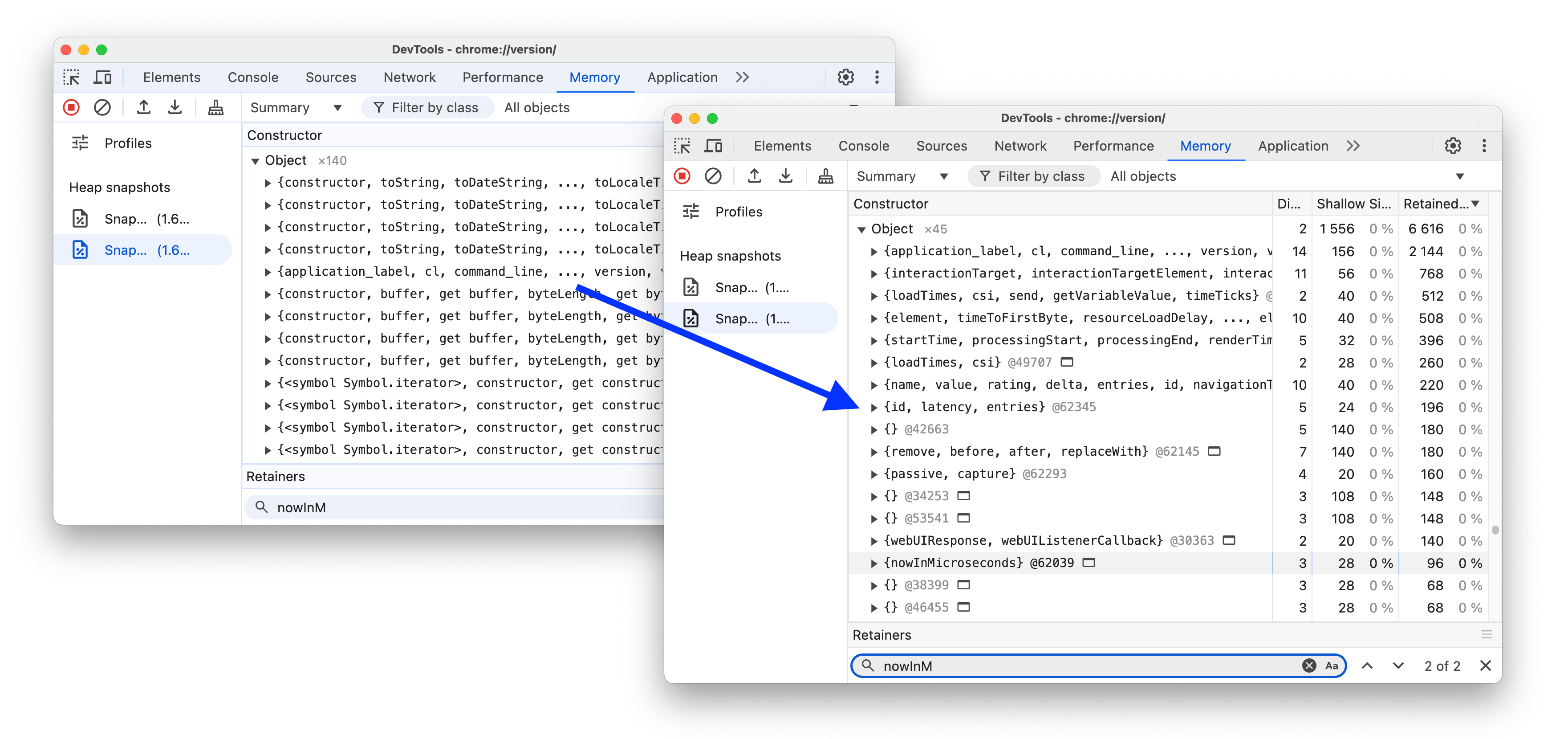 Avant et après l'organisation de la catégorie "Object" dans les instantanés du tas.