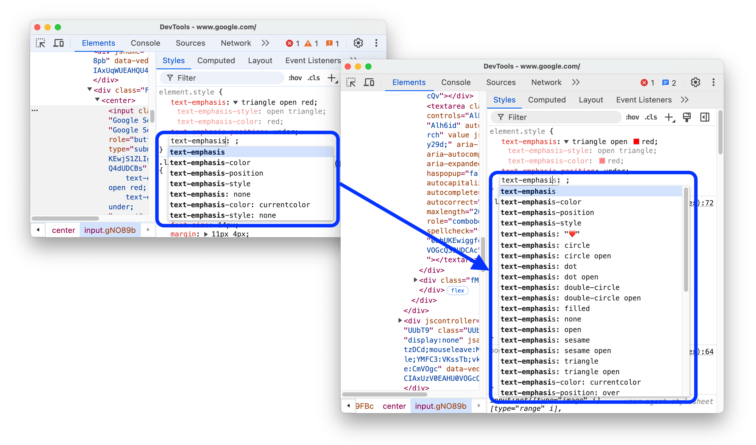 Antes e depois de adicionar a opção de preenchimento automático para propriedades "text-emphasis-*".