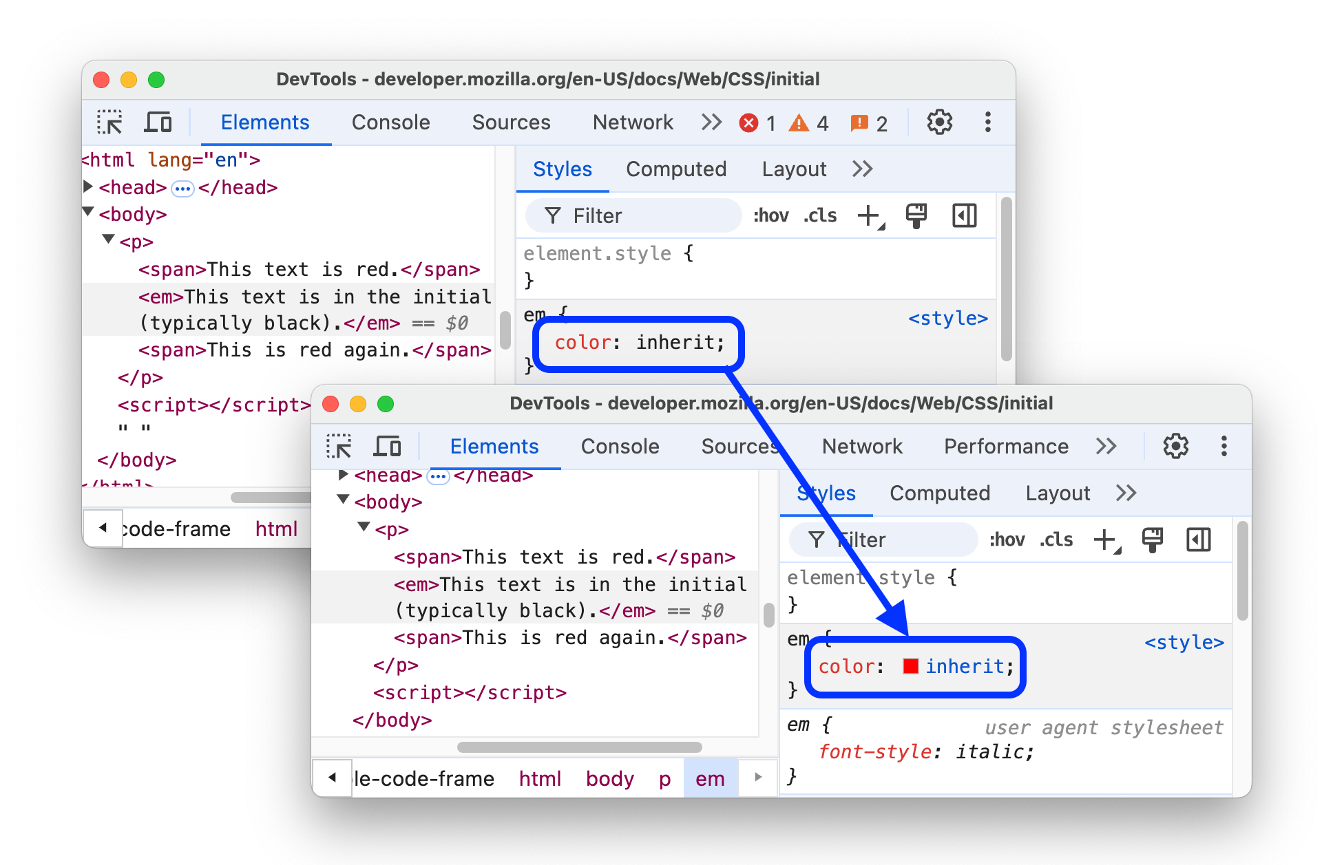 Vor und nach dem Auflösen von CSS-weiten Keywords.