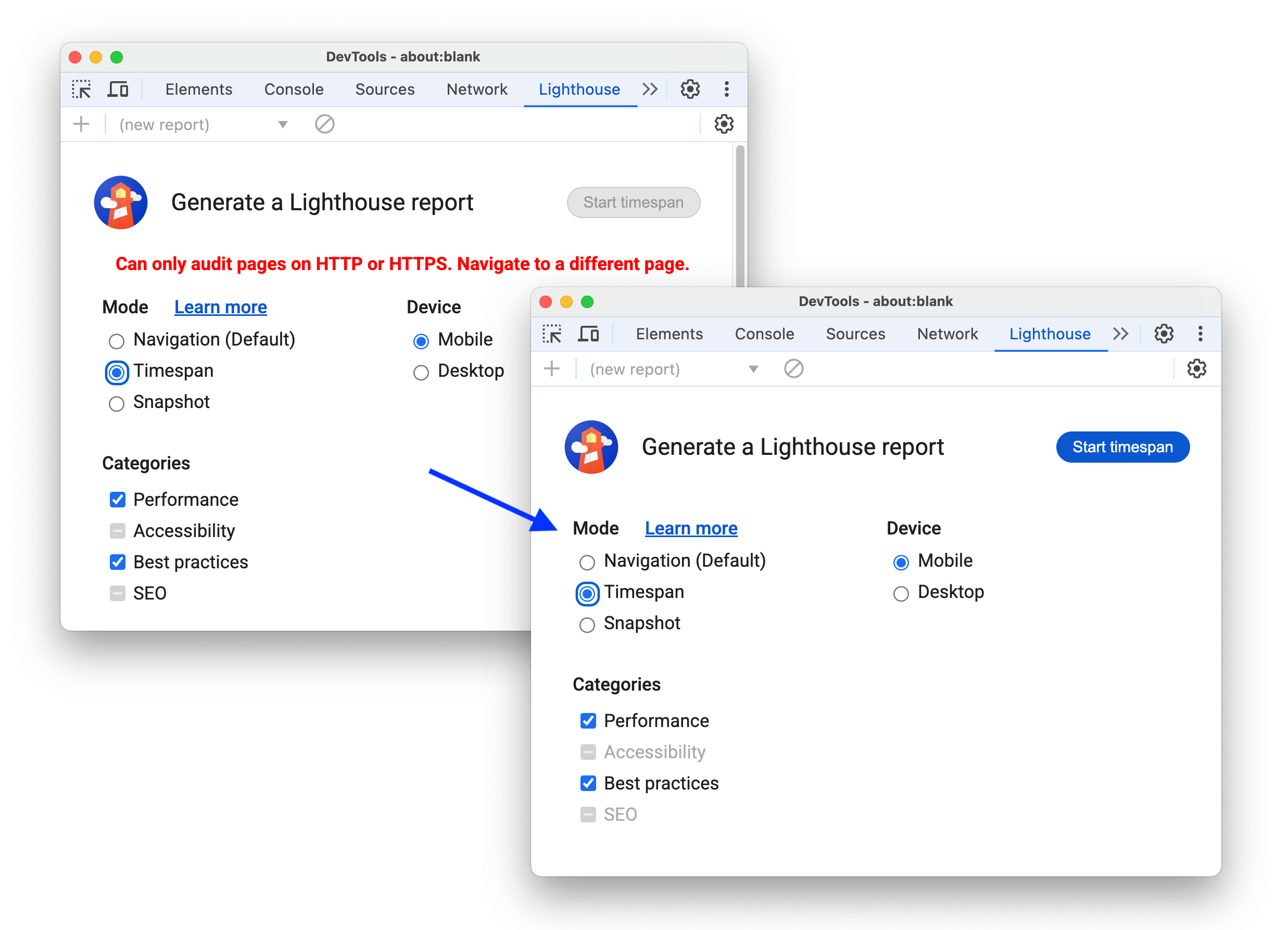 Die Ergebnisse vor und nach dem Aktivieren der Prüfung für eine Nicht-HTTP-Seite im Zeitspannen- und Snapshot-Modus.