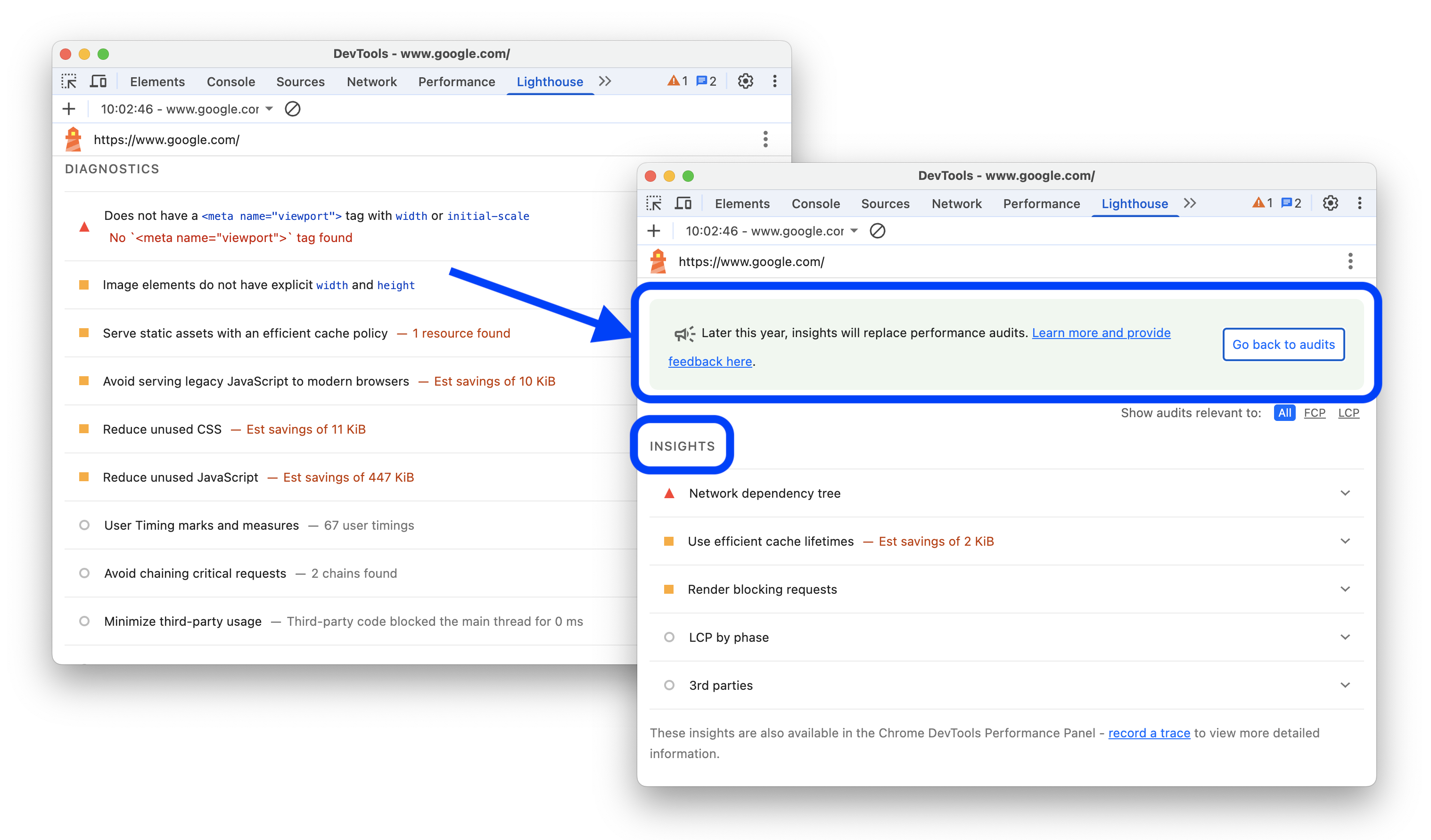 Lighthouse raporunda analizlere geçme seçeneği eklenmeden önce ve eklendikten sonraki görünüm.