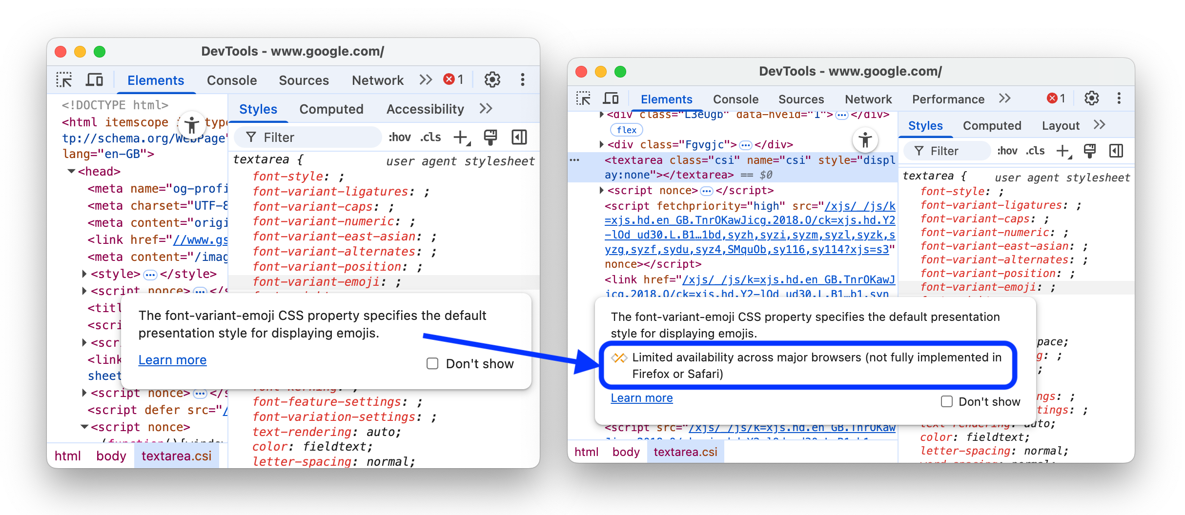 Avant et après l'ajout de l'état de référence aux info-bulles de l'outil de propriétés CSS.