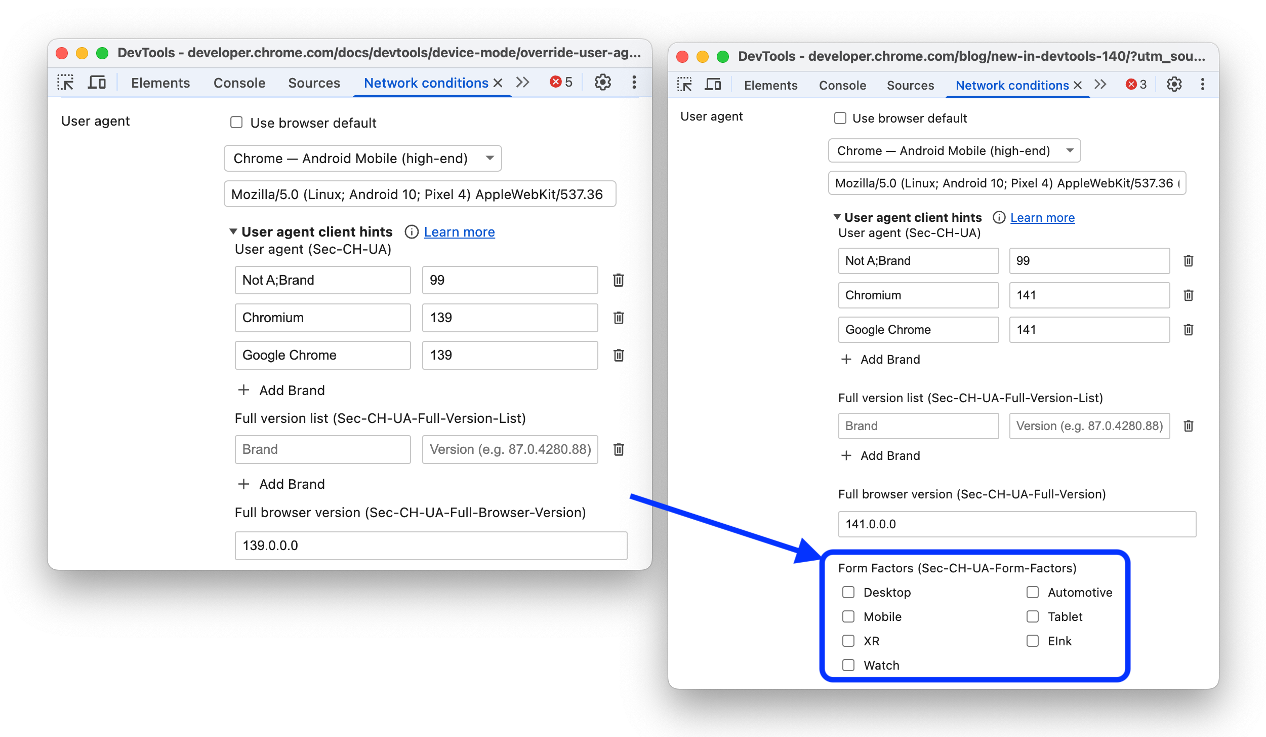 Avant et après l'ajout des options de remplacement du facteur de forme aux indicateurs client User-Agent.