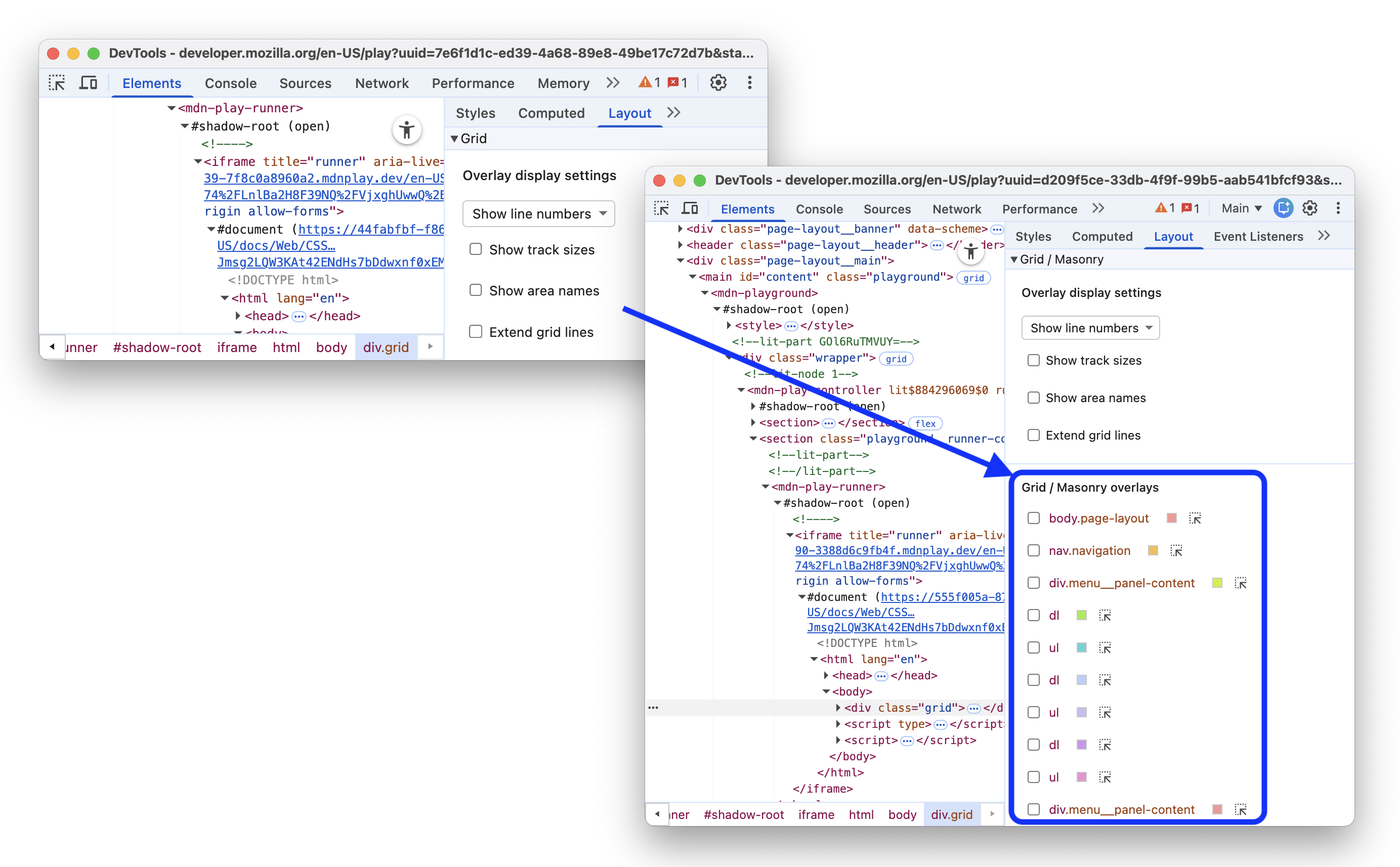 Antes e depois de adicionar o suporte ao layout em alvenaria a "Elementos - Layout".
