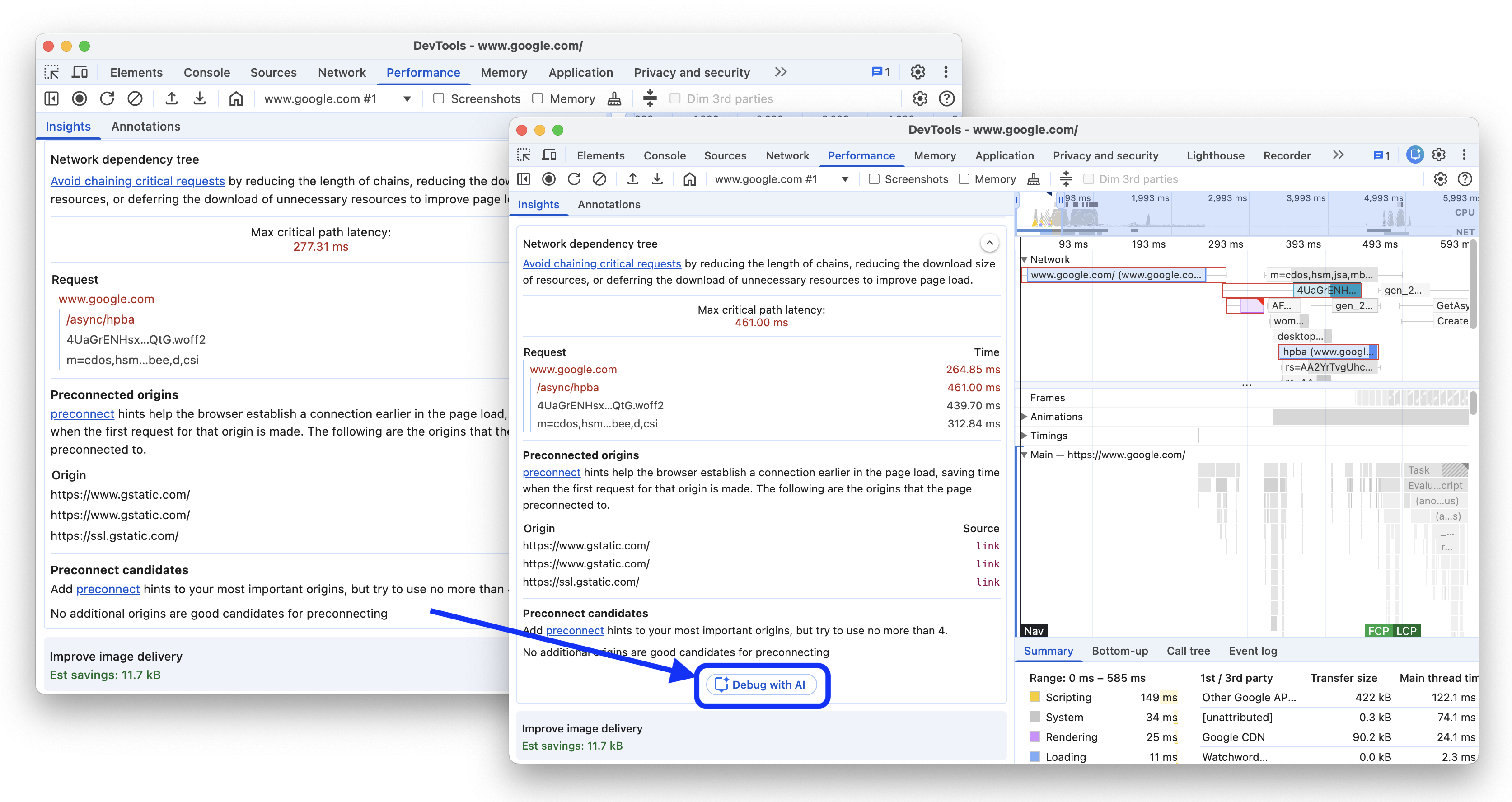 Antes e depois de adicionar o botão "Depurar com IA" ao insight "Árvore de dependência de rede".