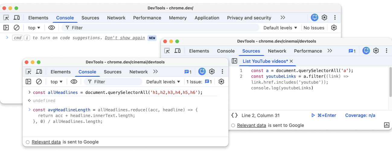 Fonction de suggestion de code dans les panneaux "Console" et "Sources"