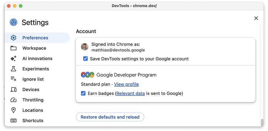 Commandes pour le profil de développeur Google dans les paramètres des outils de développement