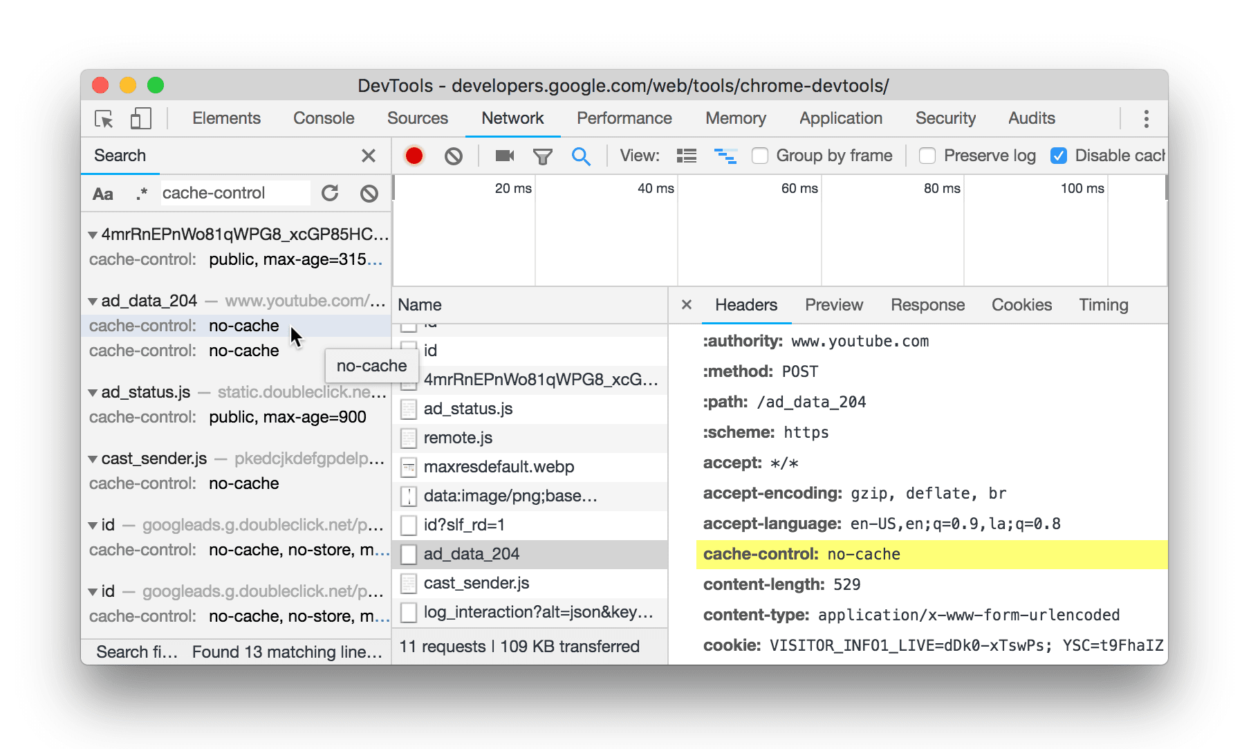 Im neuen Bereich „Netzwerksuche“ wird nach dem Text „cache-control“ gesucht.