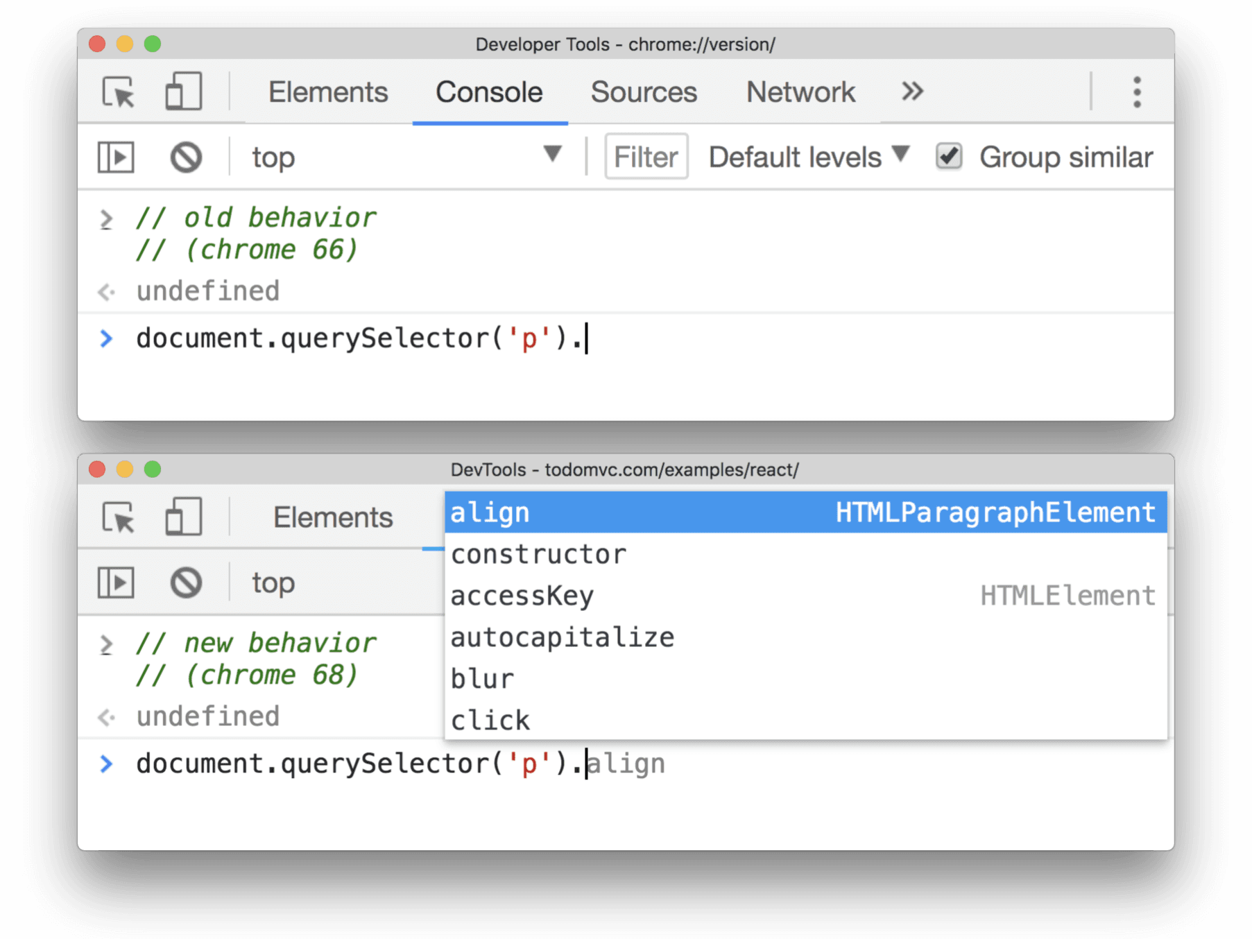 پس از اجرای document.querySelector('p')، کنسول اکنون می‌تواند ویژگی‌ها و توابع موجود برای آن عنصر را به شما نشان دهد.