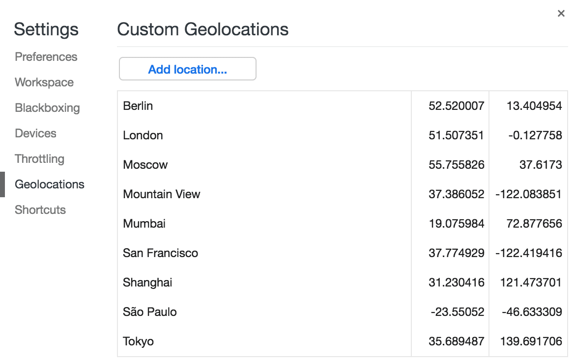A guia "Geolocalizações" em "Configurações"