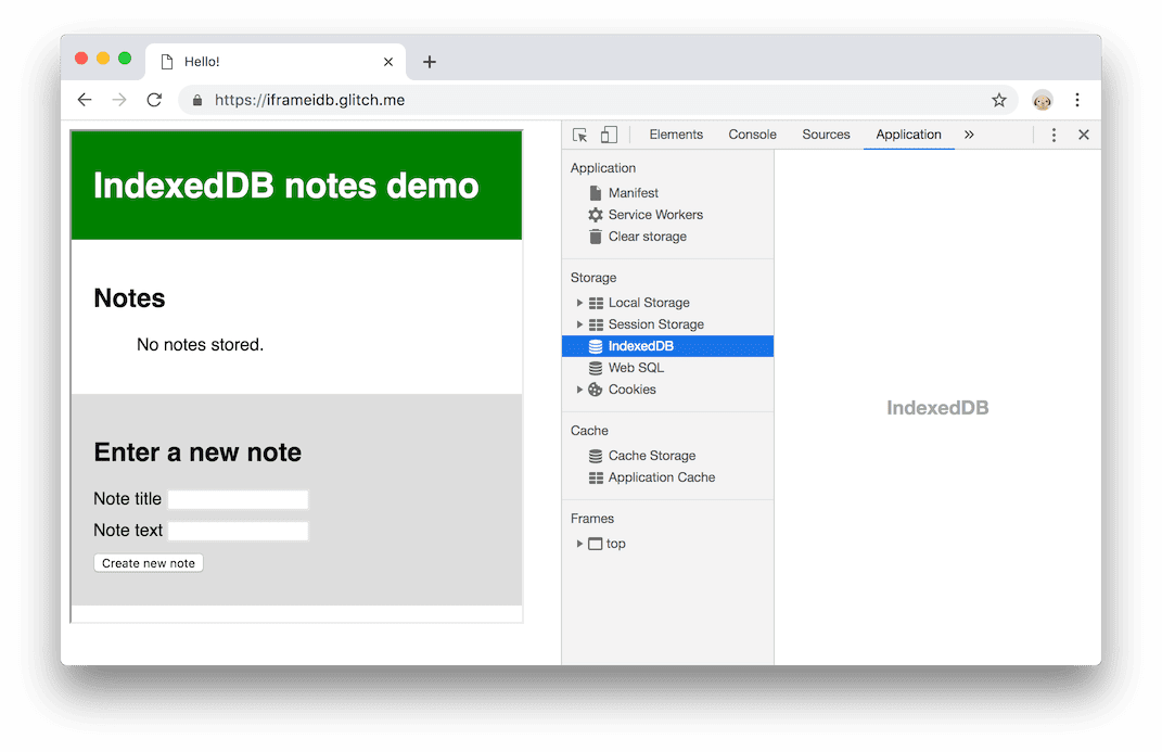 Es el comportamiento anterior. La página incorpora una demostración que usa IndexedDB, pero no se ven bases de datos.
