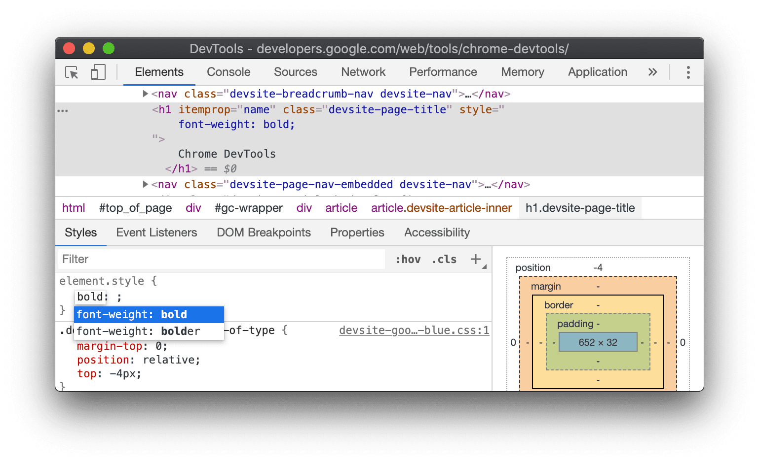 Después de escribir "bold", el panel Styles se autocompleta con "font-weight: bold".