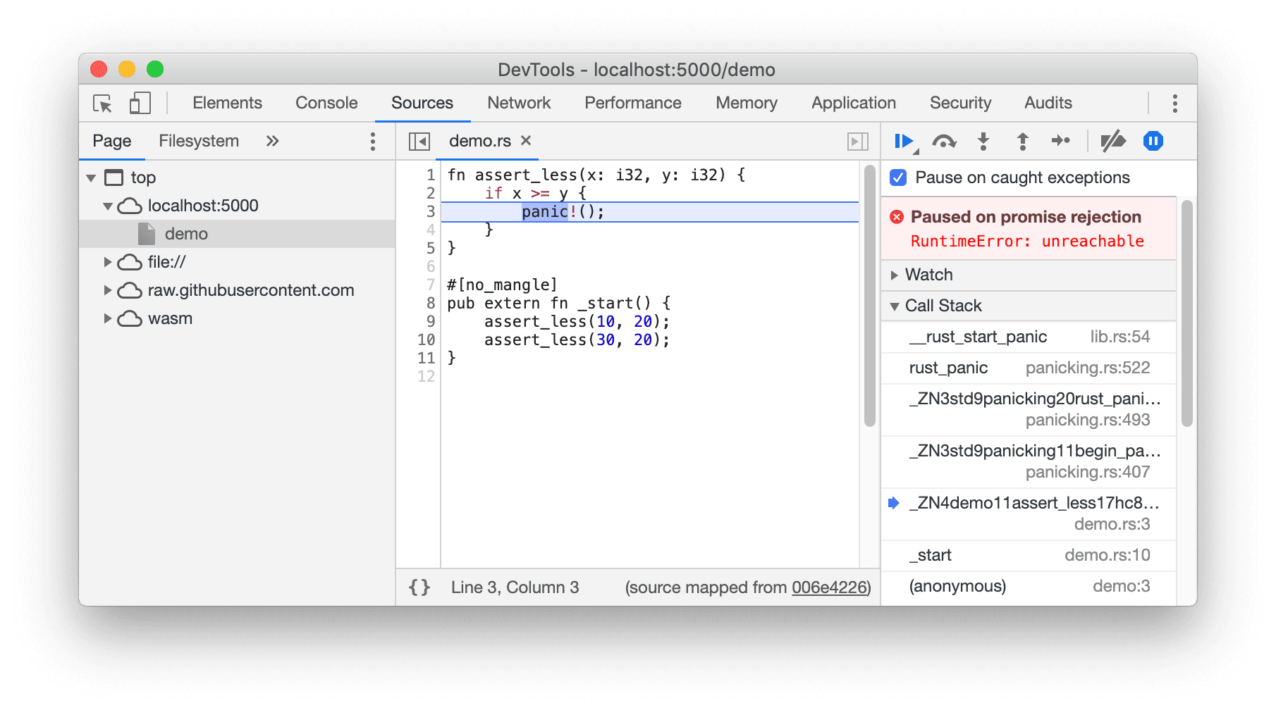 Capture d'écran du nouveau débogage WebAssembly optimisé par DWARF.