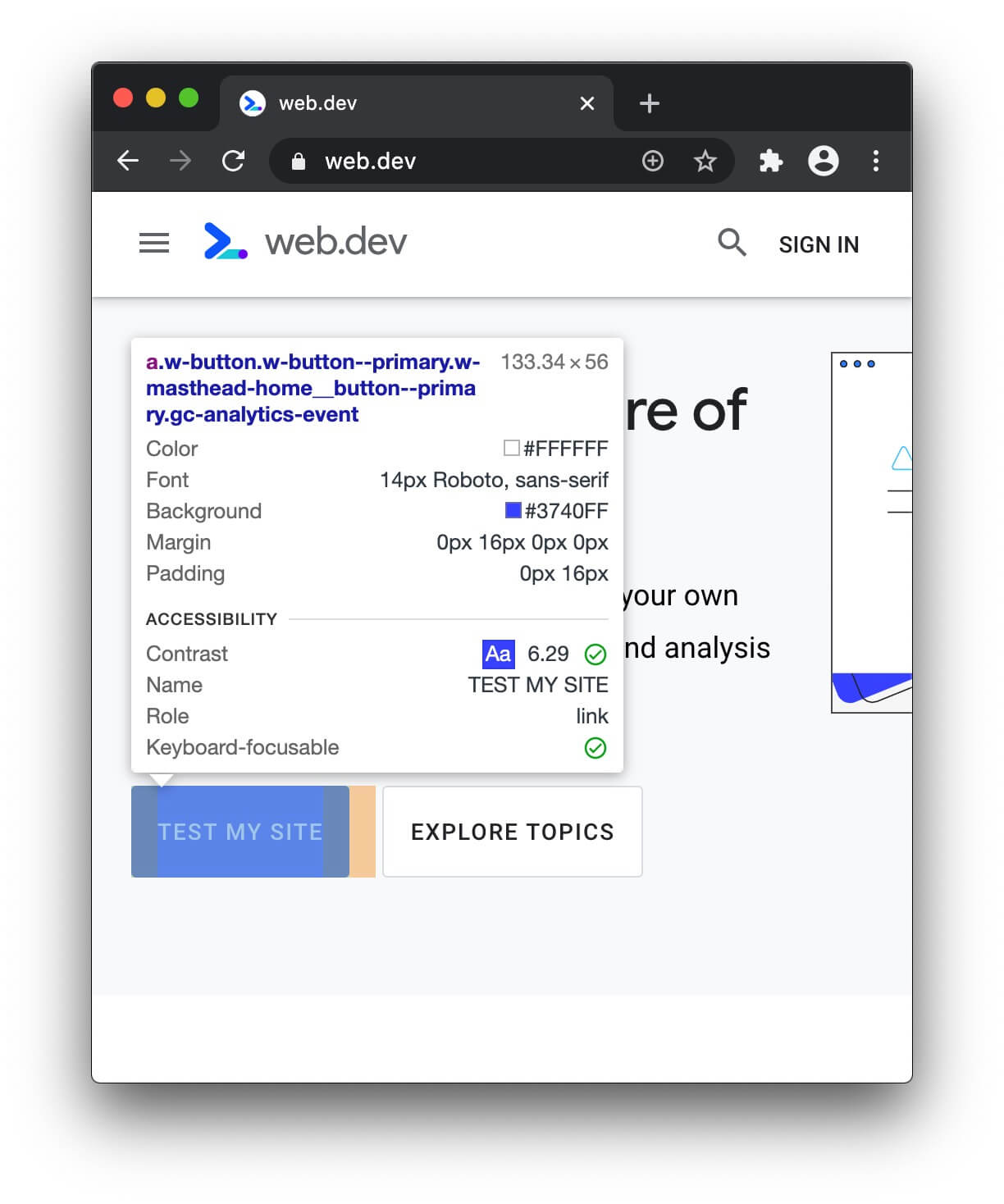 ユーザー補助に関する情報が表示された検証モードのツールチップ。
