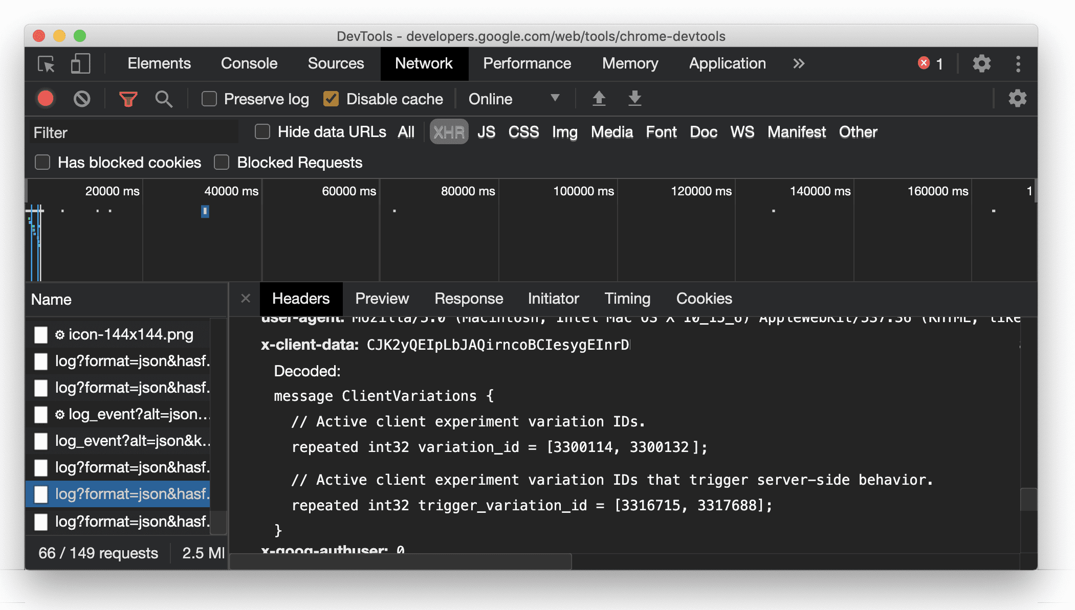 Valores del encabezado `X-Client-Data` legibles por humanos