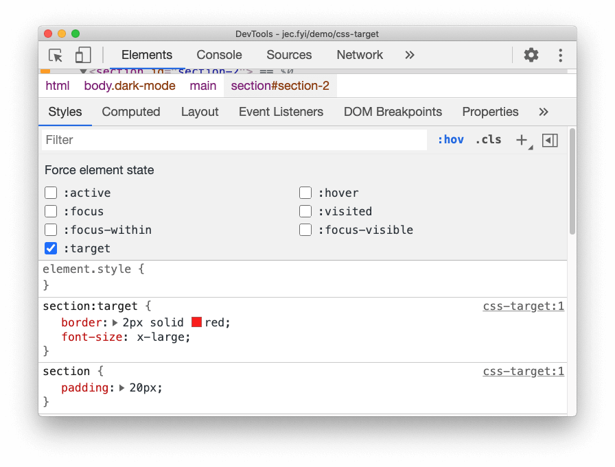 Forzar el estado `:target` de CSS