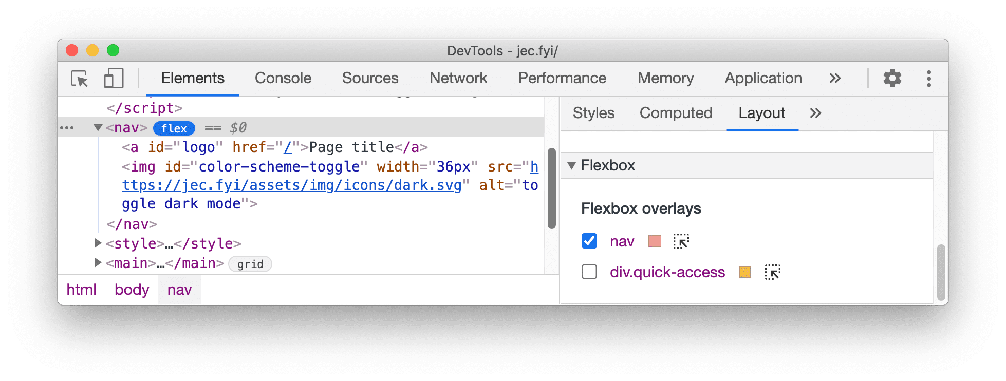 Seção "Flexbox" no painel "Layout"