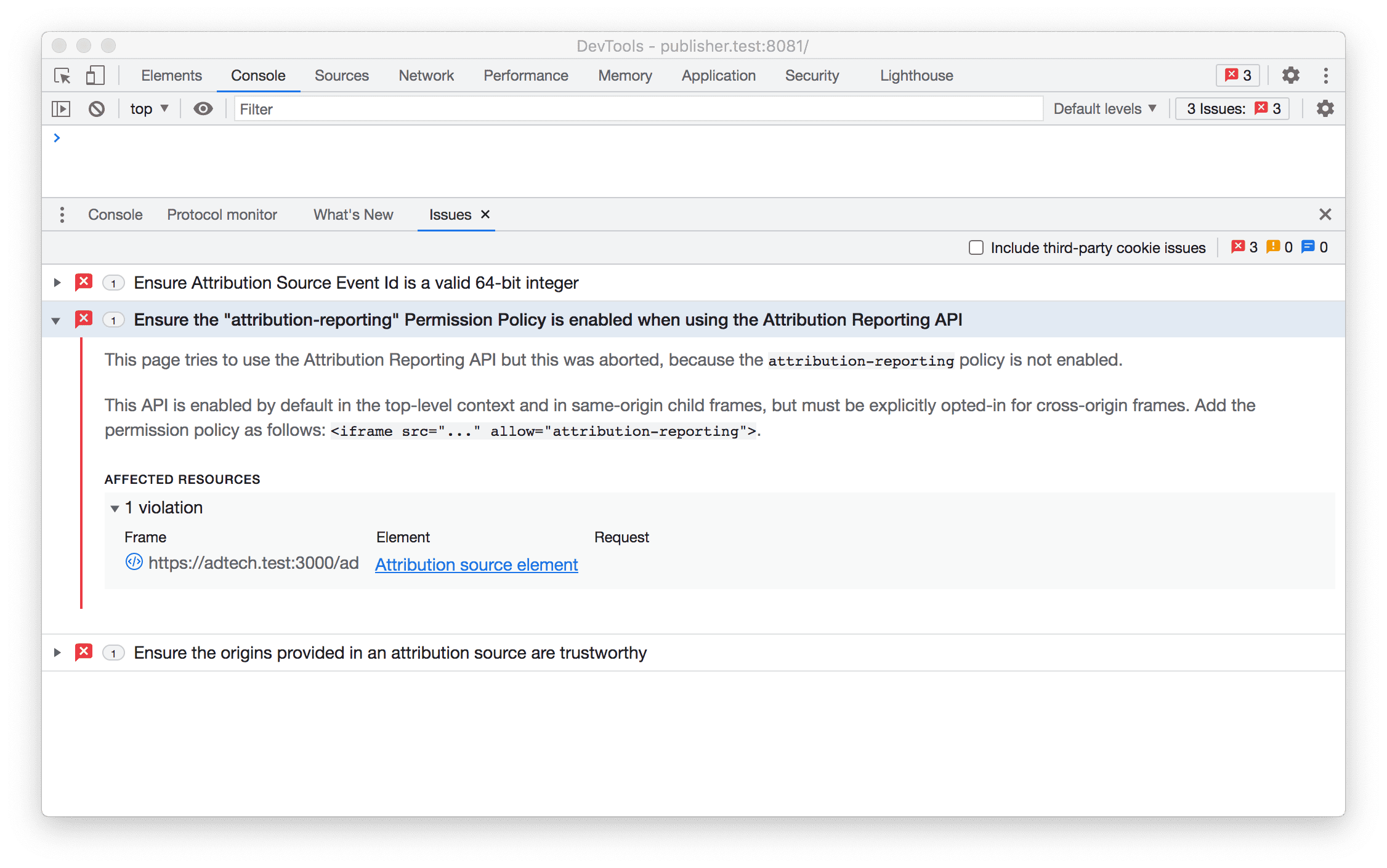 Erros da API Attribution Reporting na guia "Problemas"
