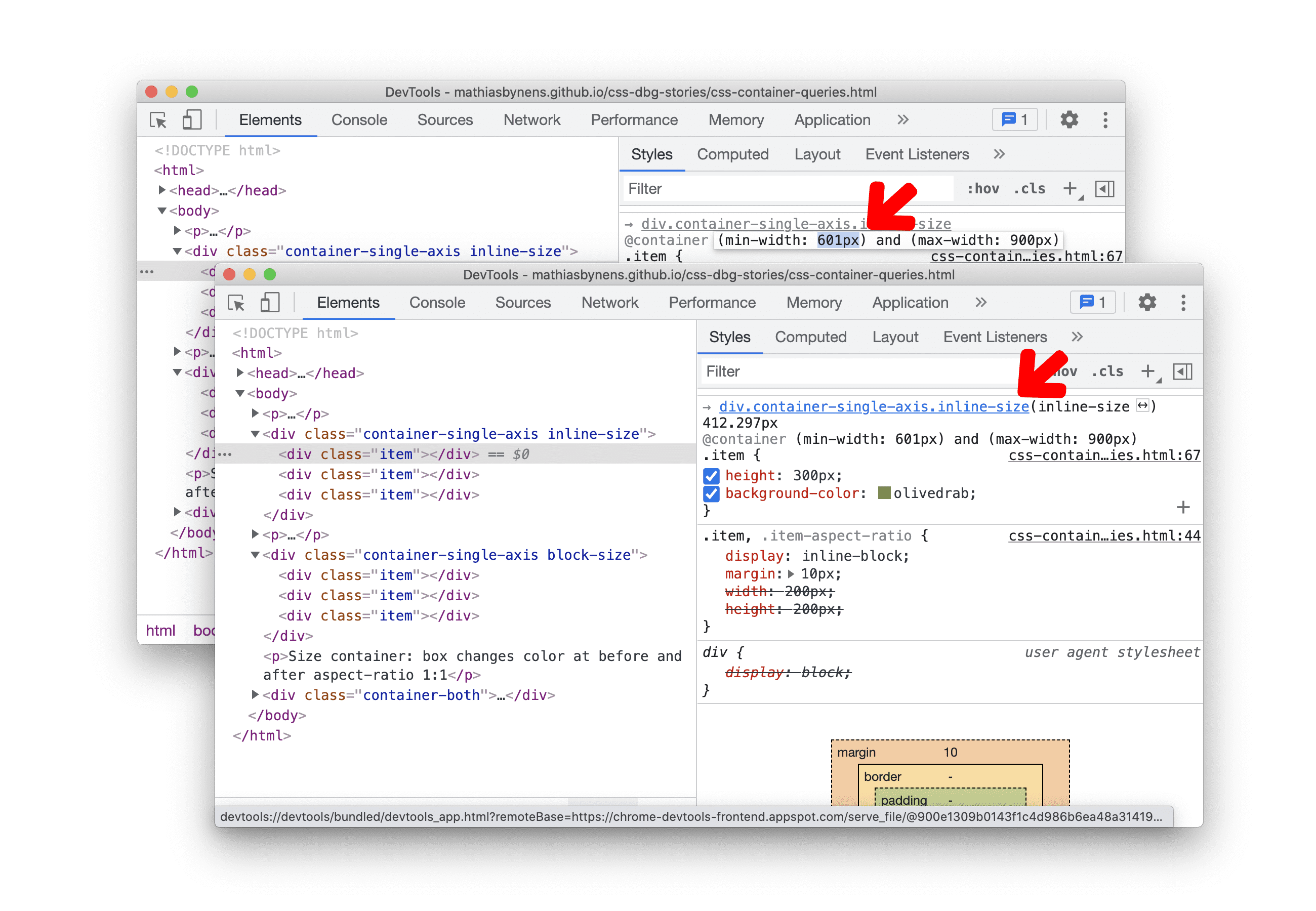 Consultas de contêiner CSS editáveis no painel "Estilos"