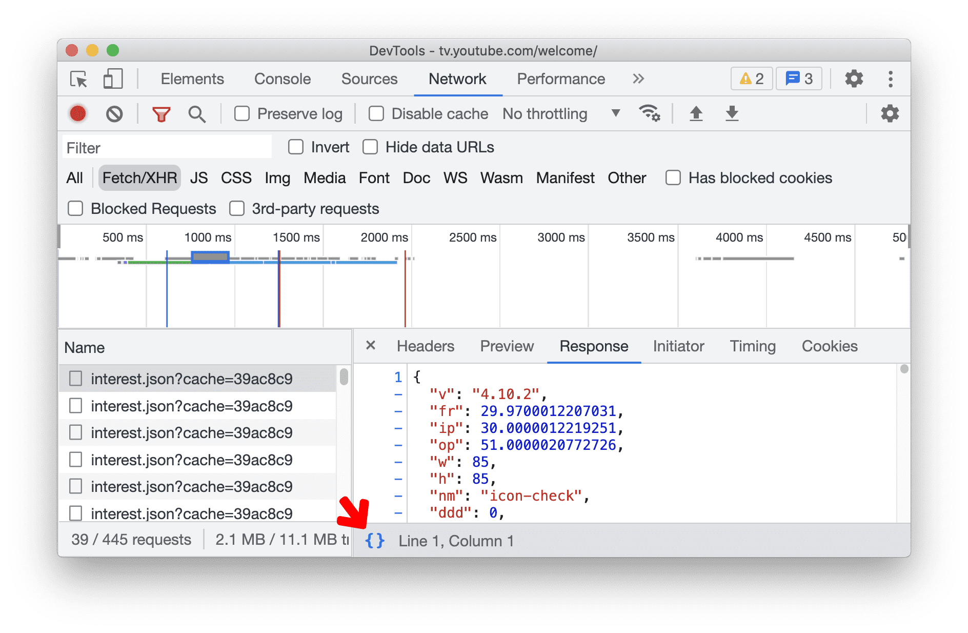  [ネットワーク] パネルでの JSON レスポンスのプリティ プリント