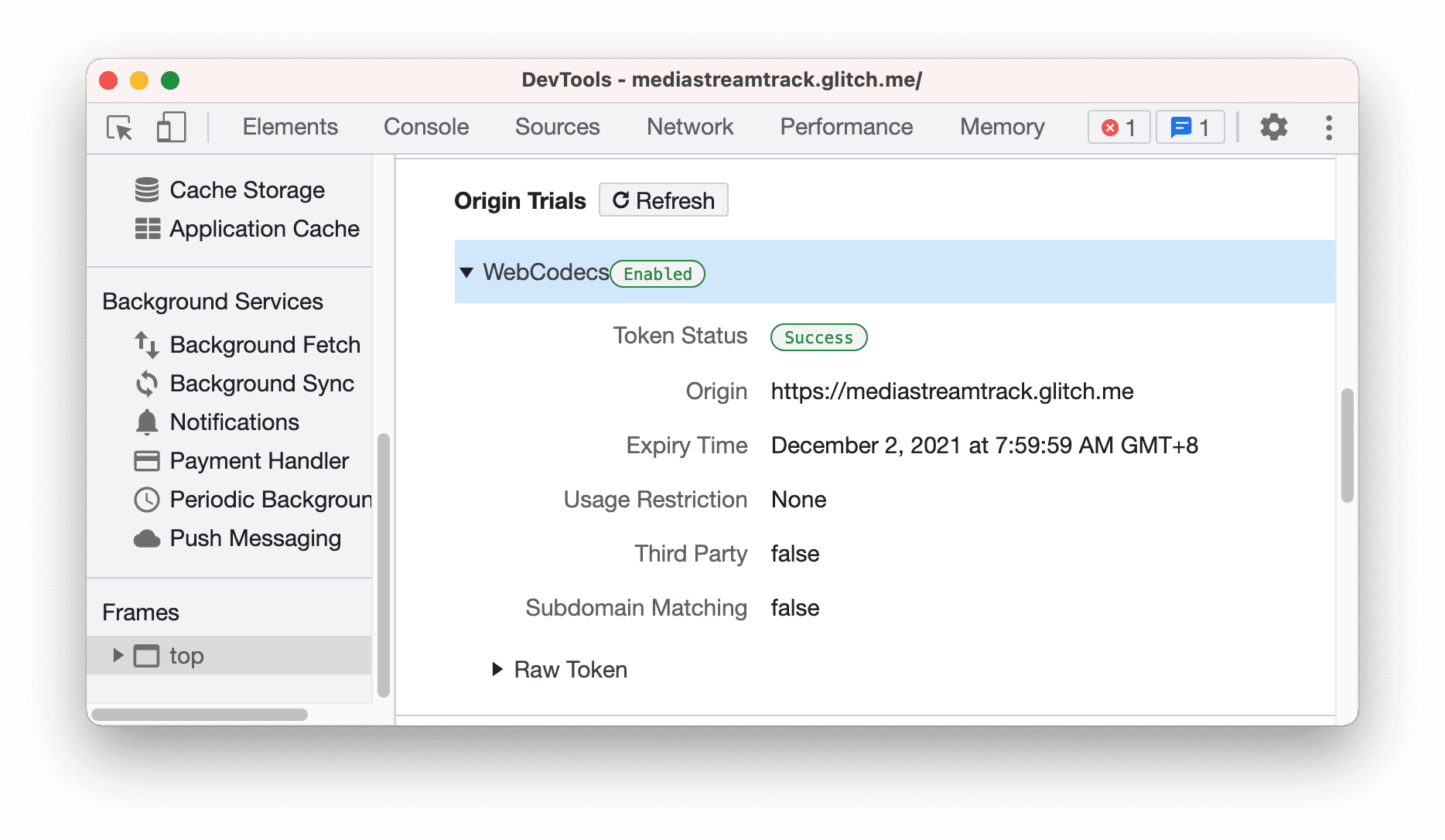 Prove dell'origine nella visualizzazione Dettagli frame