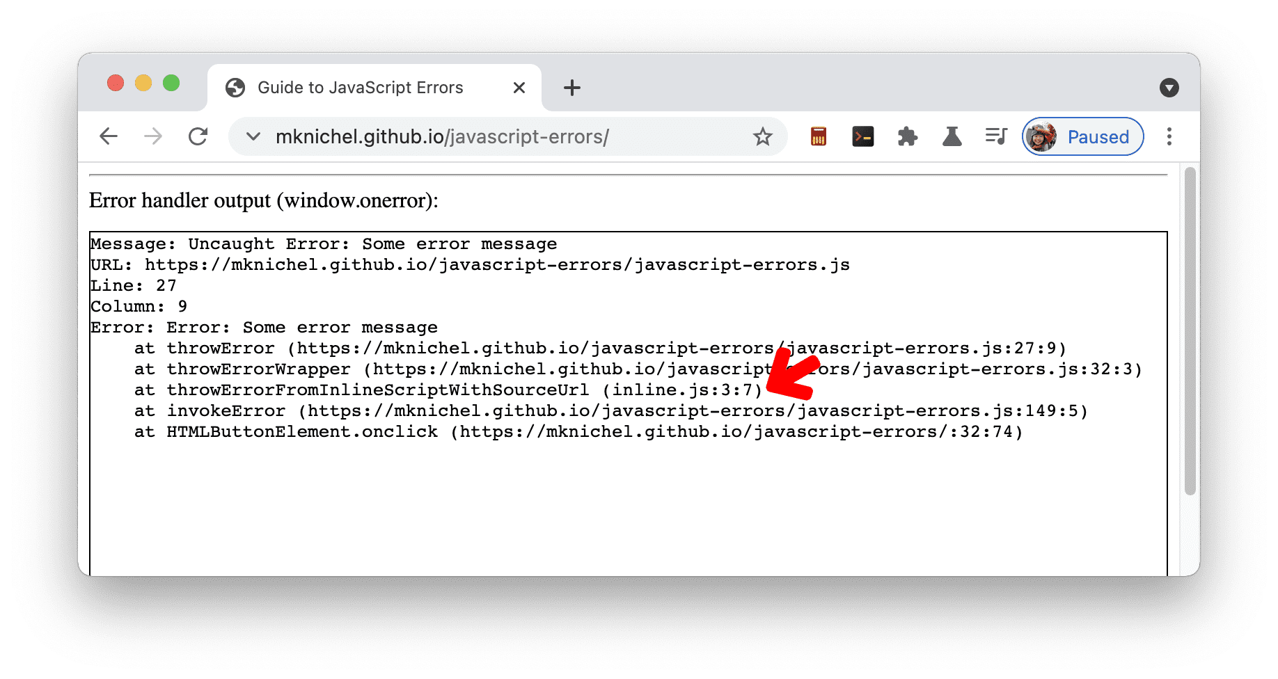 Tracce dello stack di errori corrette per gli script incorporati con #sourceURL