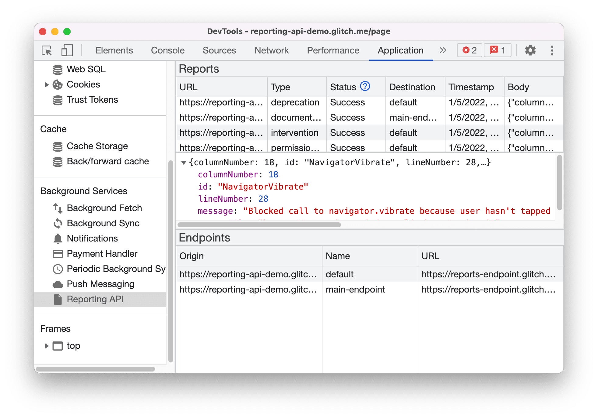 “Reporting API”窗格