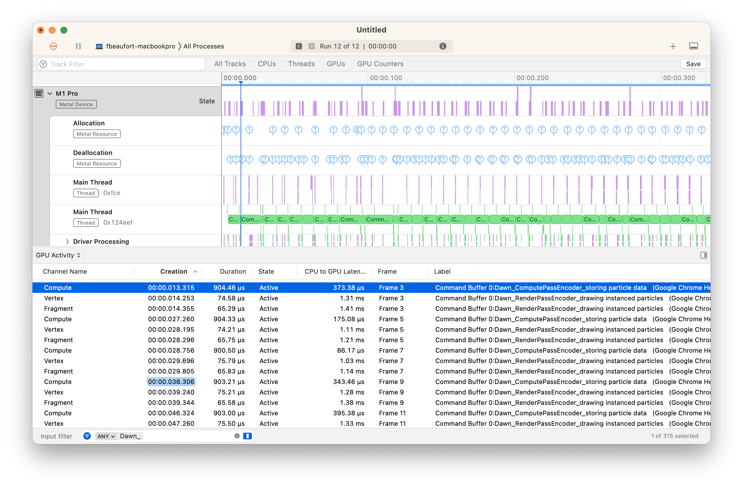 لقطة شاشة لتطبيق Instruments على نظام التشغيل macOS تعرض تصنيفات مخصّصة واردة من WebGPU
