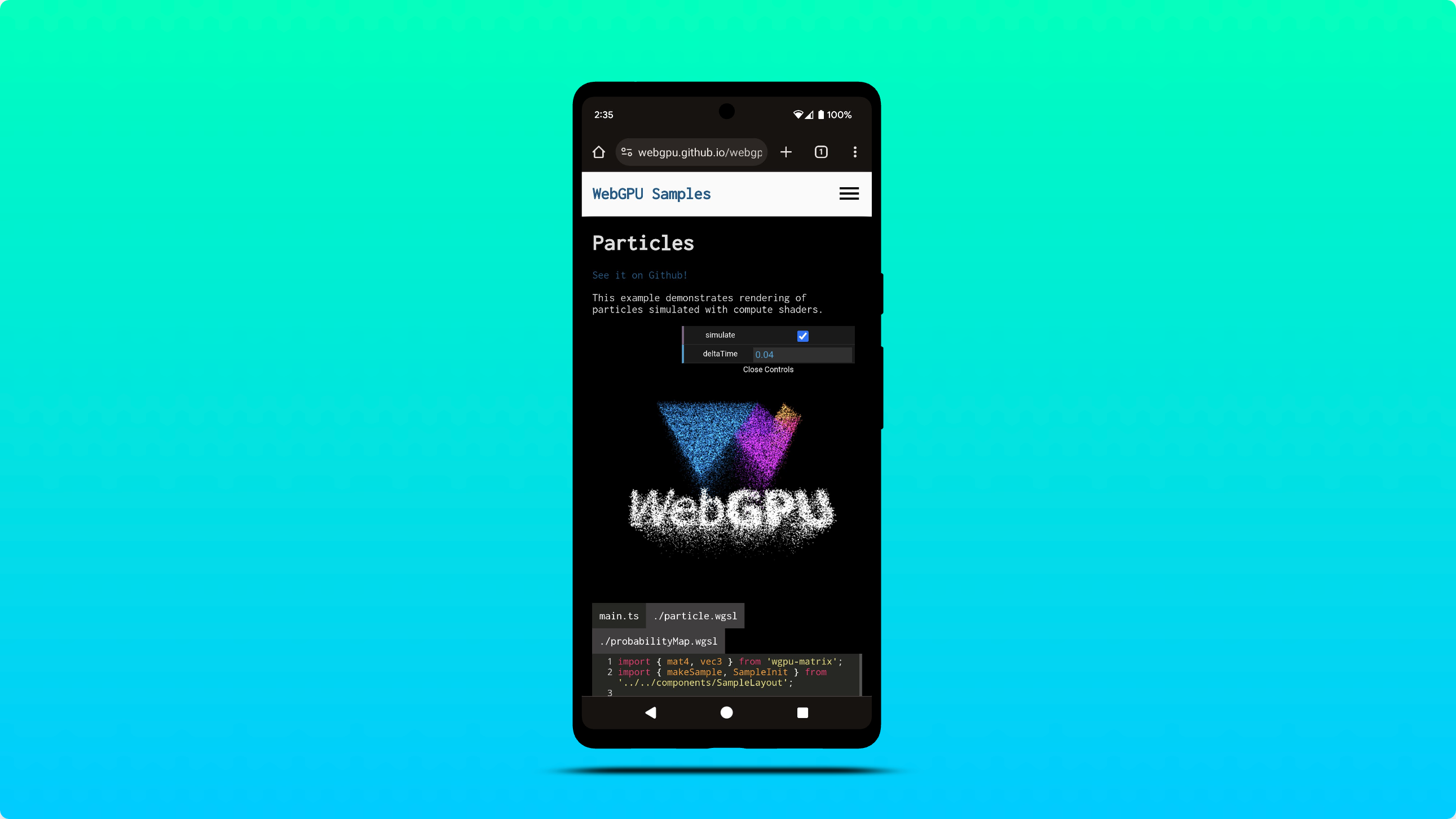 Android için Chrome'da çalışan WebGPU örneğinin ekran görüntüsü.